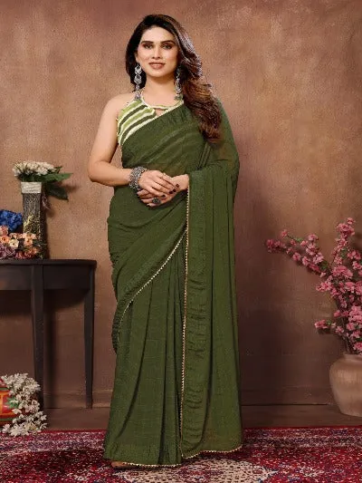 1 Min Olive Green Georgette Stitched Readymade Saree