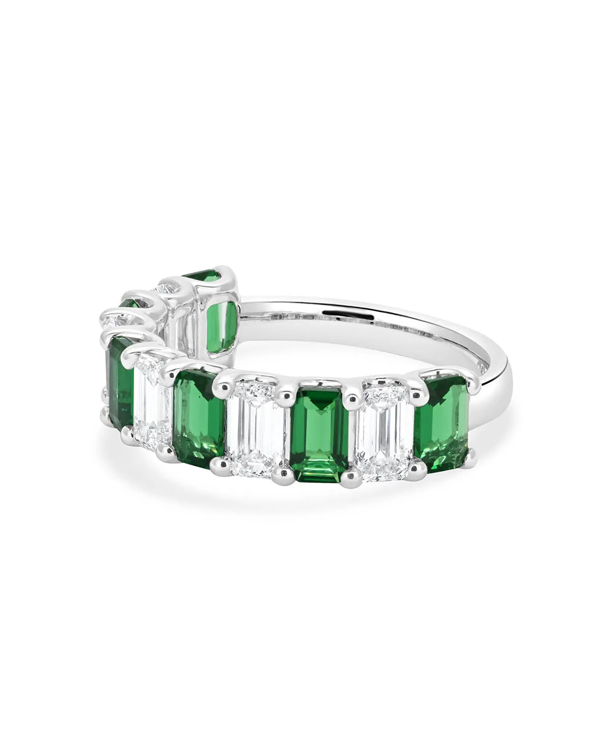 14K White Gold Lab Grown Emerald Cut Diamond and Emerald Band Ring