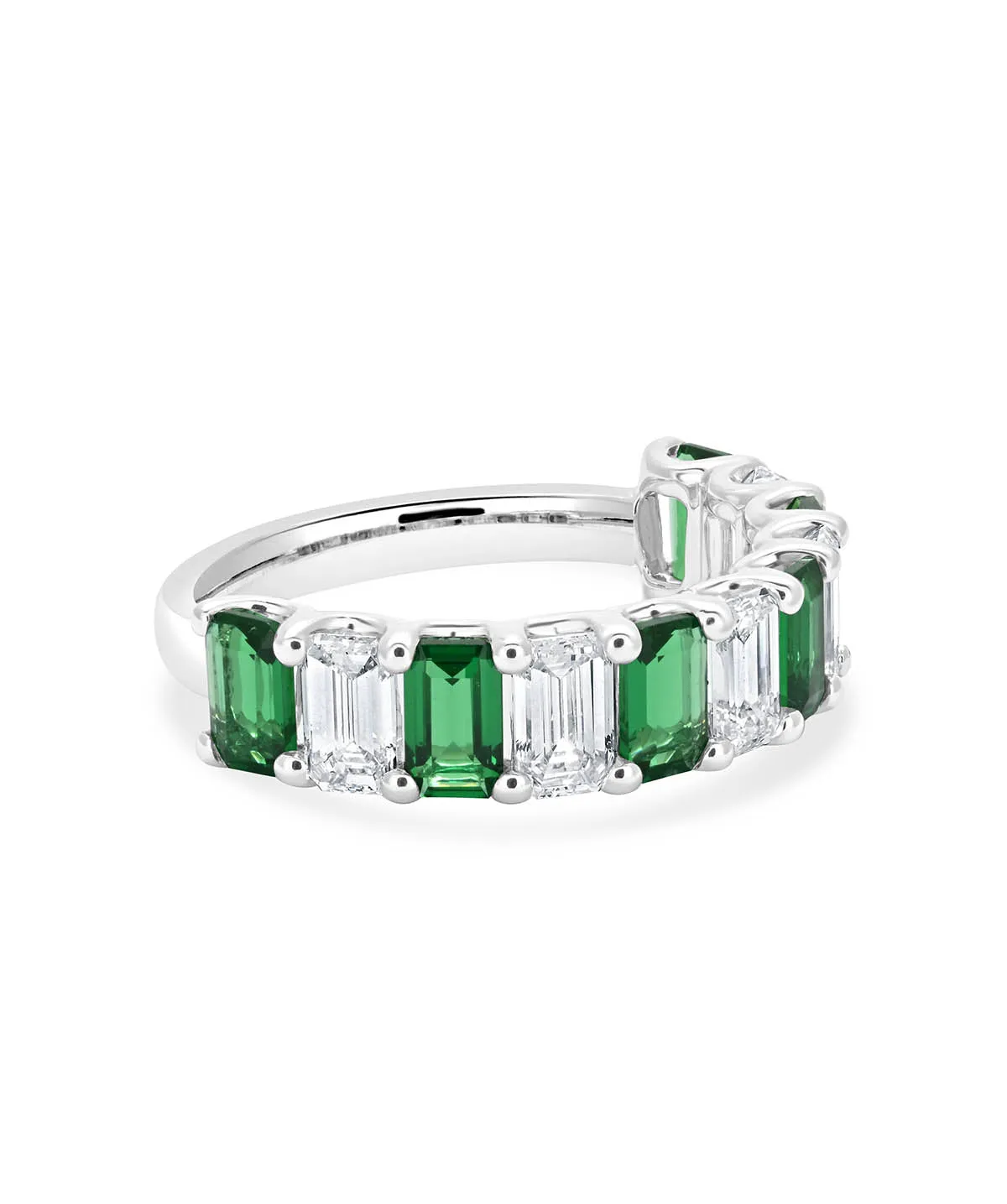 14K White Gold Lab Grown Emerald Cut Diamond and Emerald Band Ring