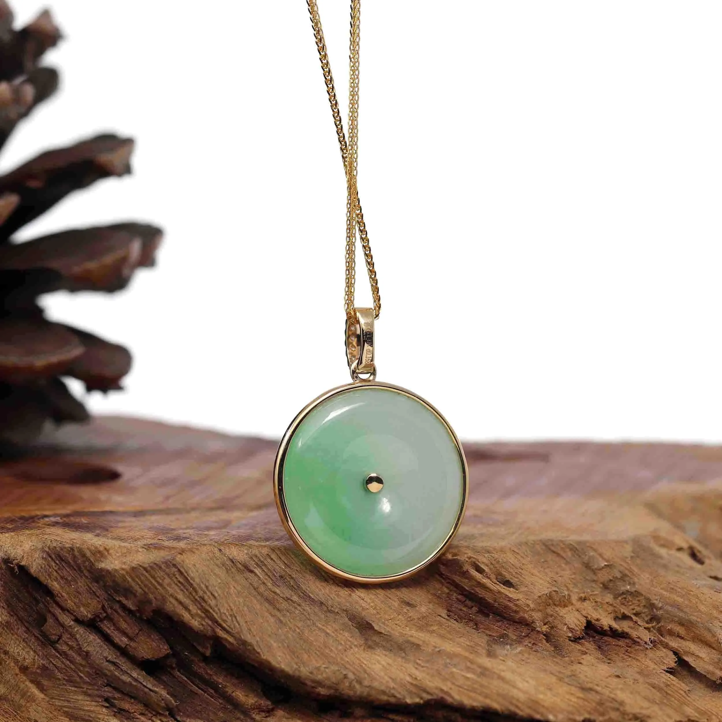 14K Yellow Gold "Good Luck Button" Necklace Ice Green Jadeite Jade Lucky KouKou Pendant Necklace