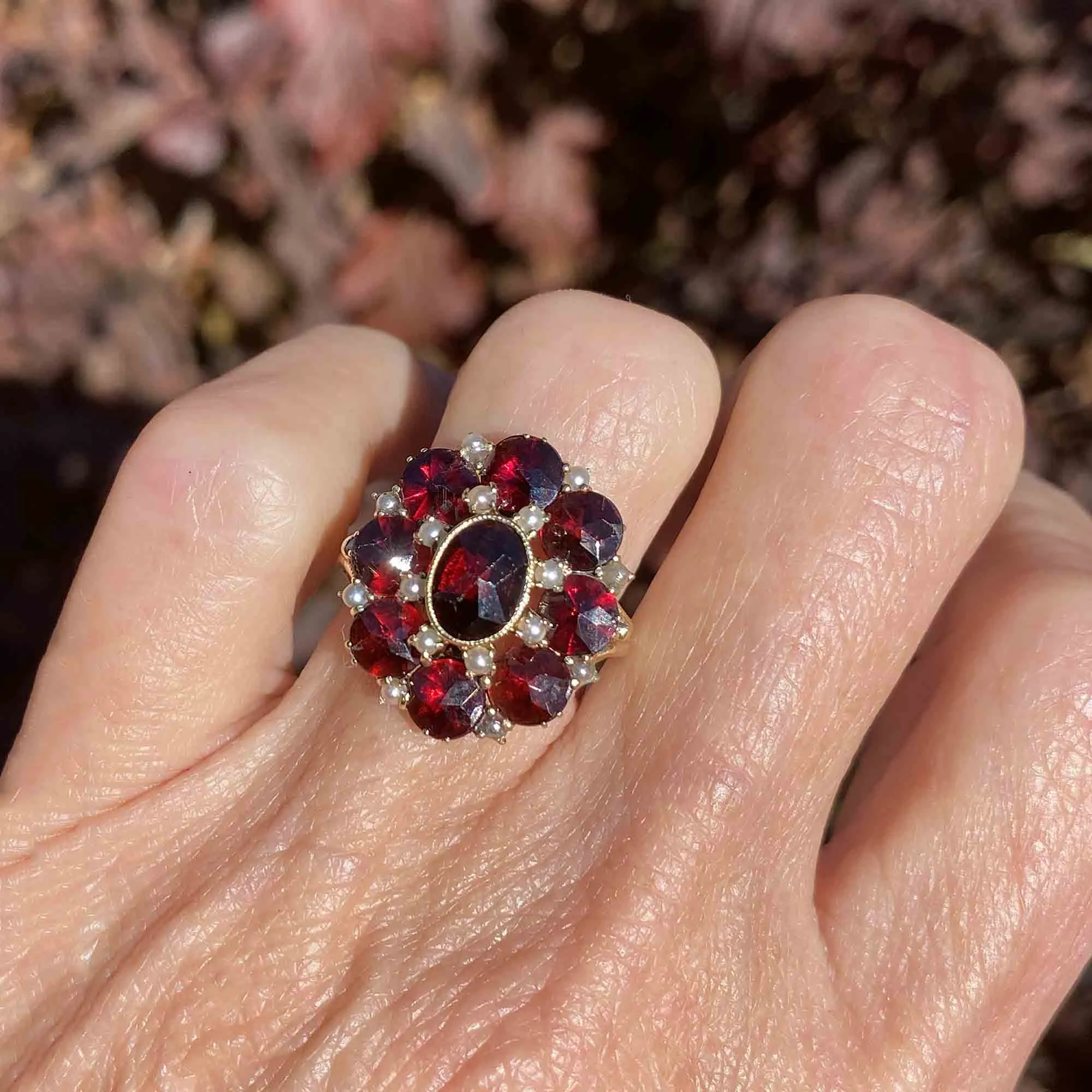 1930s Pearl Rose Cut Garnet Cluster 14K Gold Ring