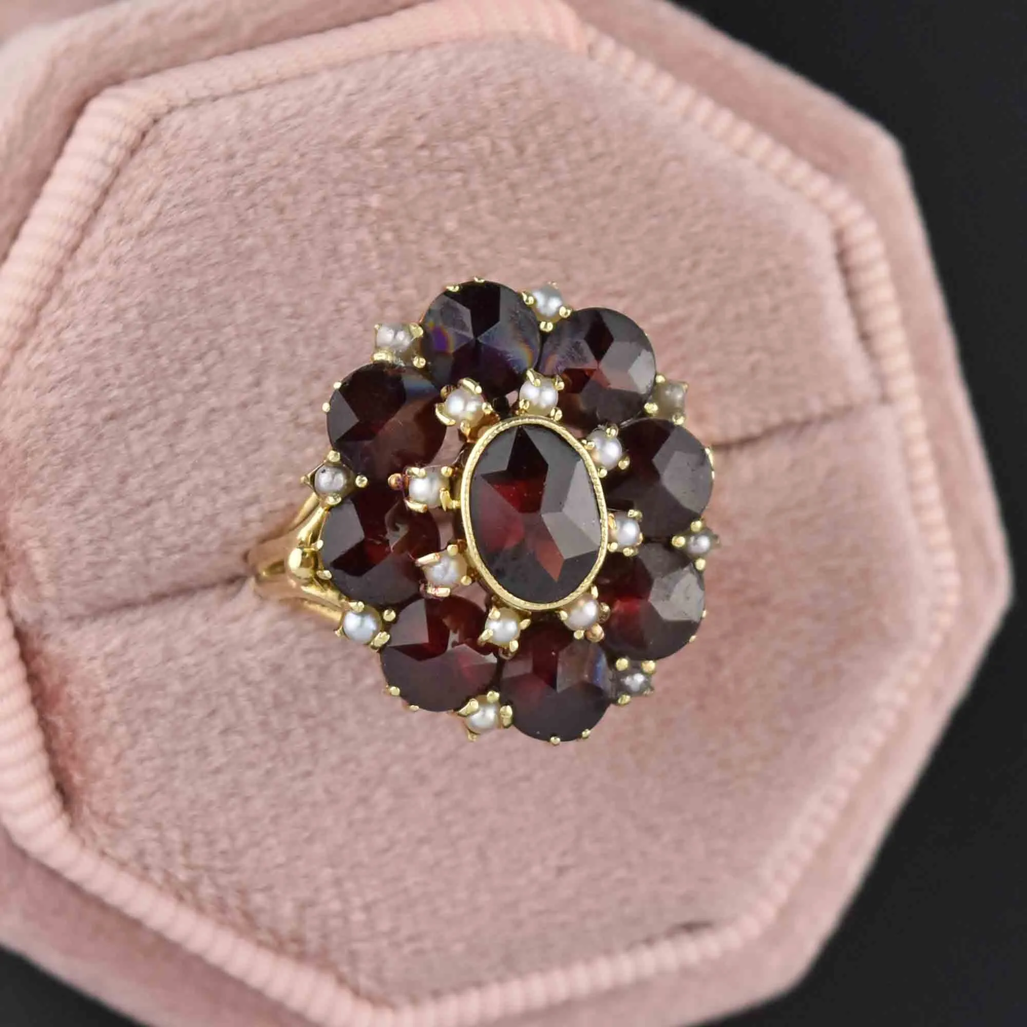 1930s Pearl Rose Cut Garnet Cluster 14K Gold Ring