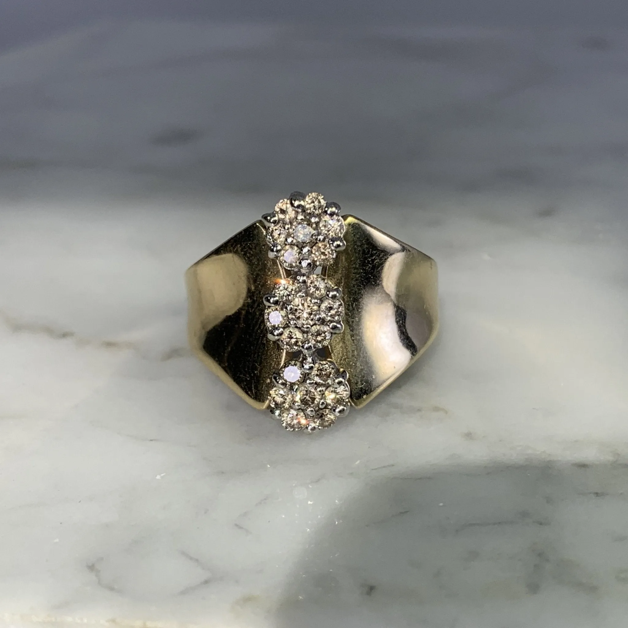 1970s Vintage Diamond Cluster Statement Ring in a 10K Yellow Gold Setting. Estate Jewelry.