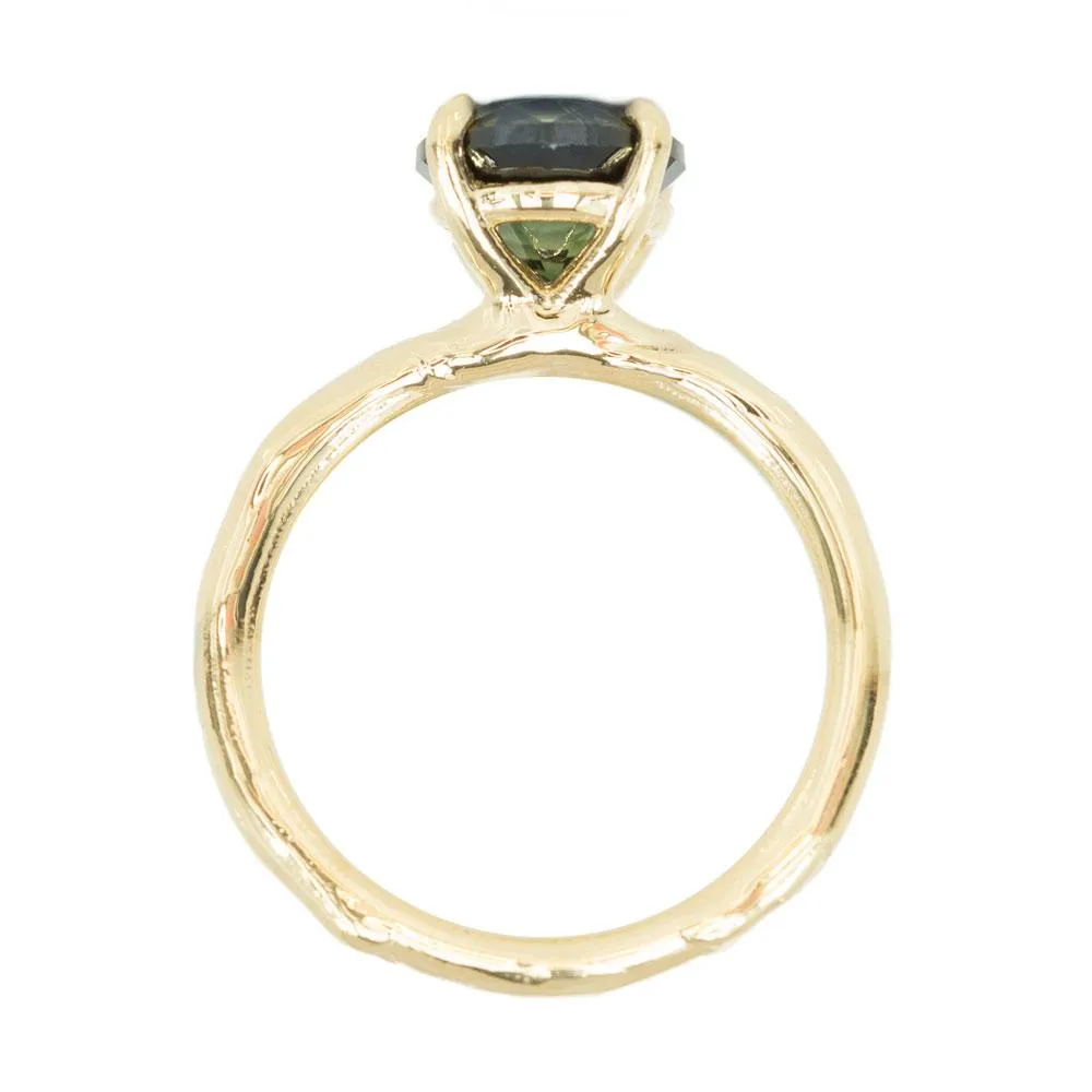 2.66 round deep teal blue green sapphire Alluvial solitaire ring in 18k yellow gold