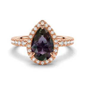 3 CT. Pear Shaped Alexandrite Engagement Ring With Moissanite Halo Pavé