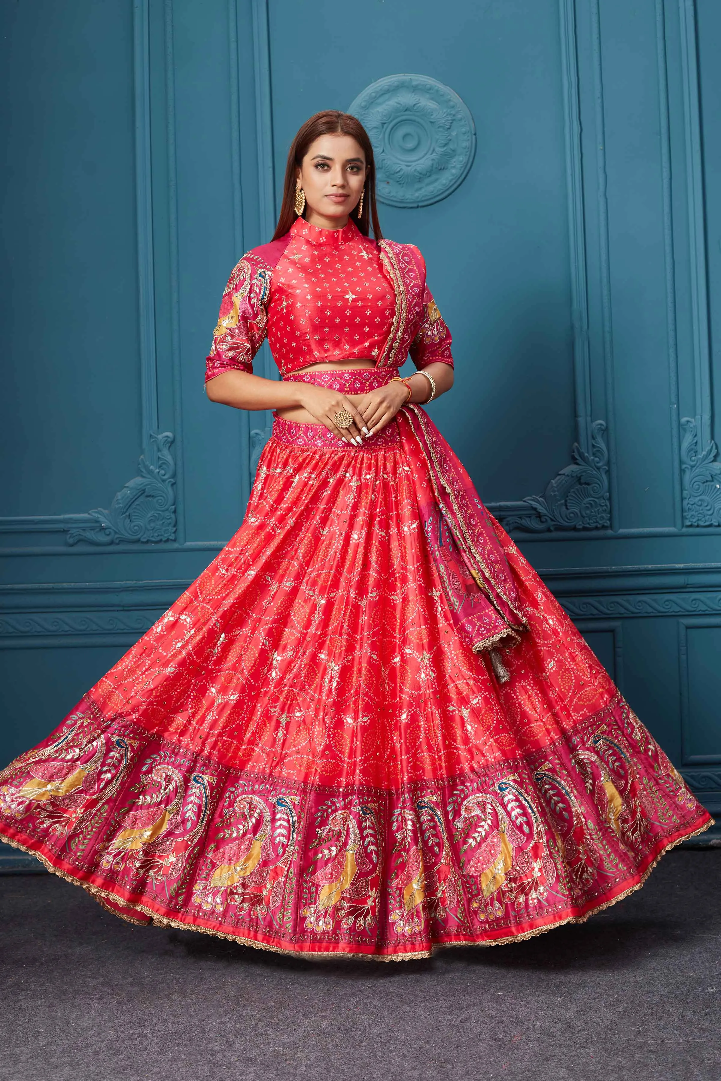 310029 Red Bandhej Printed Lehenga with Dupatta