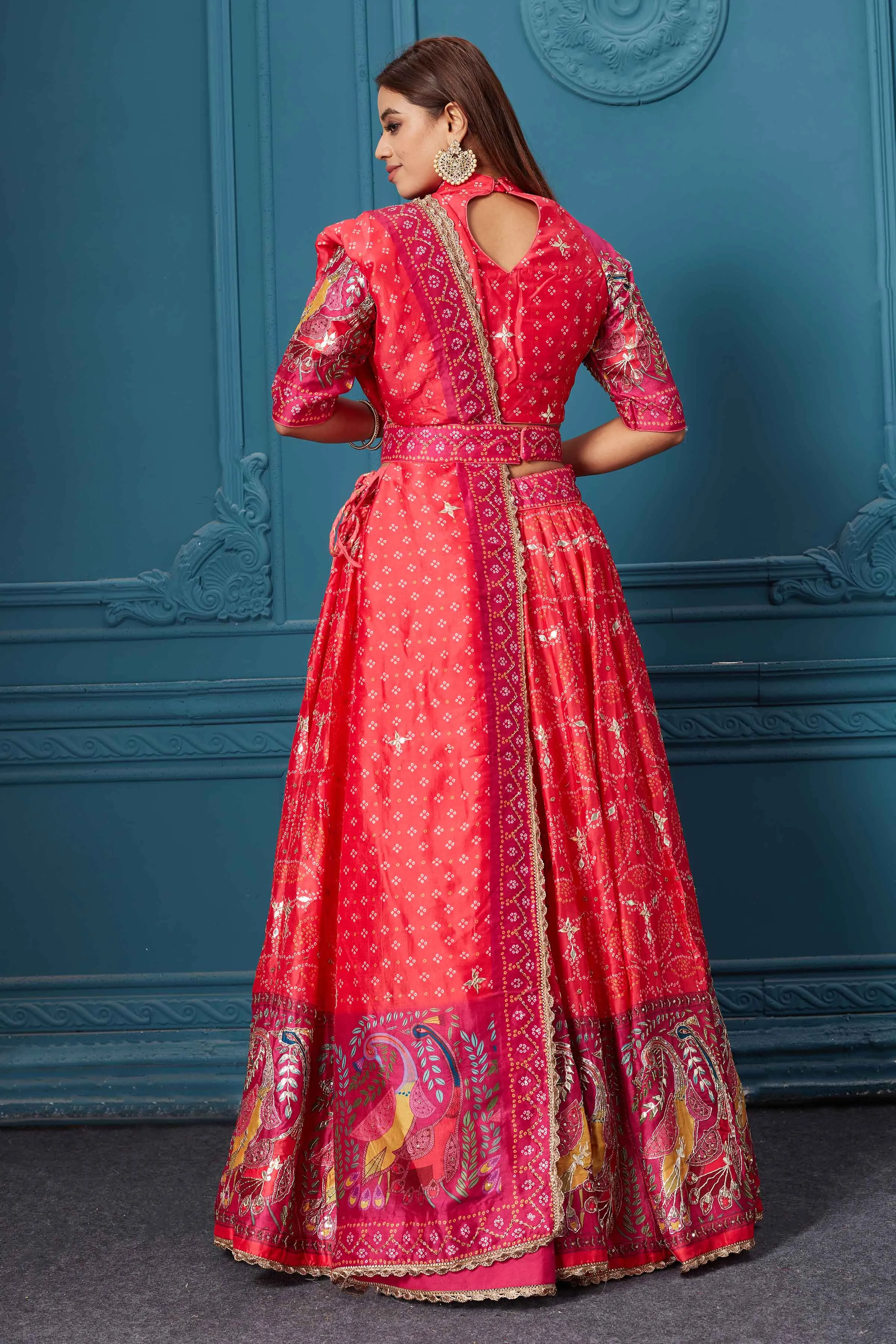 310029 Red Bandhej Printed Lehenga with Dupatta