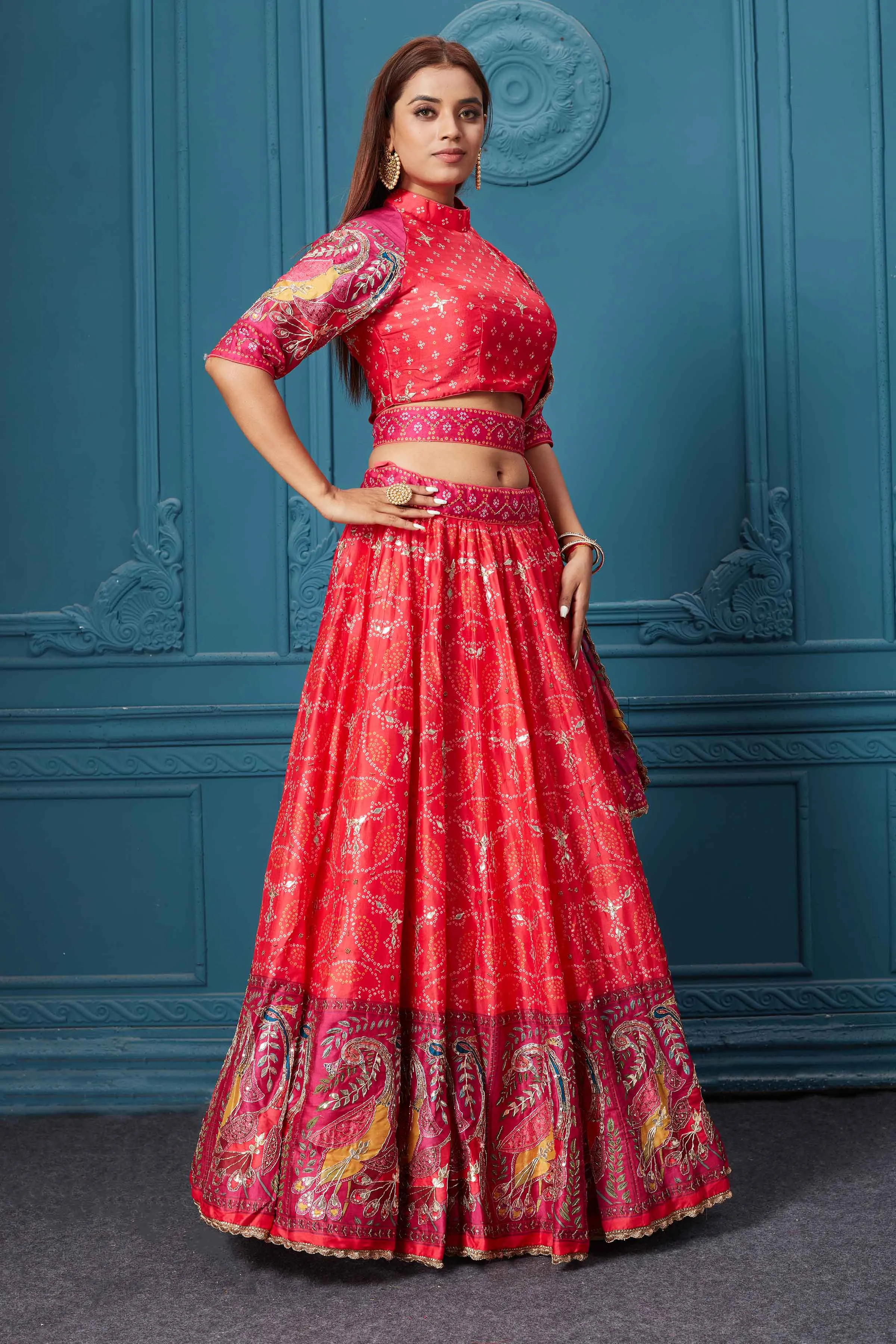 310029 Red Bandhej Printed Lehenga with Dupatta