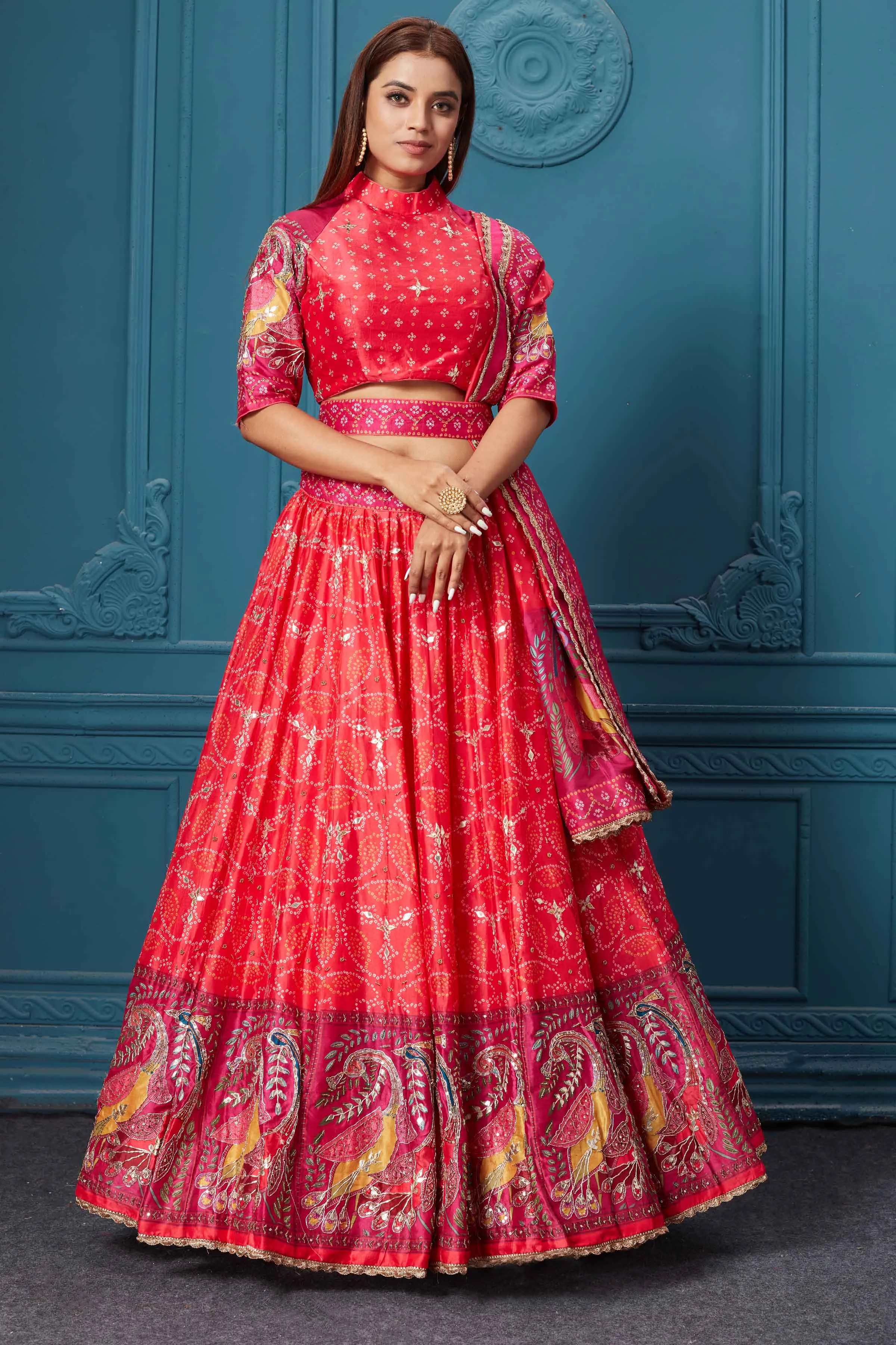 310029 Red Bandhej Printed Lehenga with Dupatta