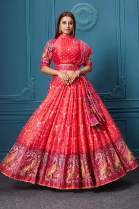 310029 Red Bandhej Printed Lehenga with Dupatta