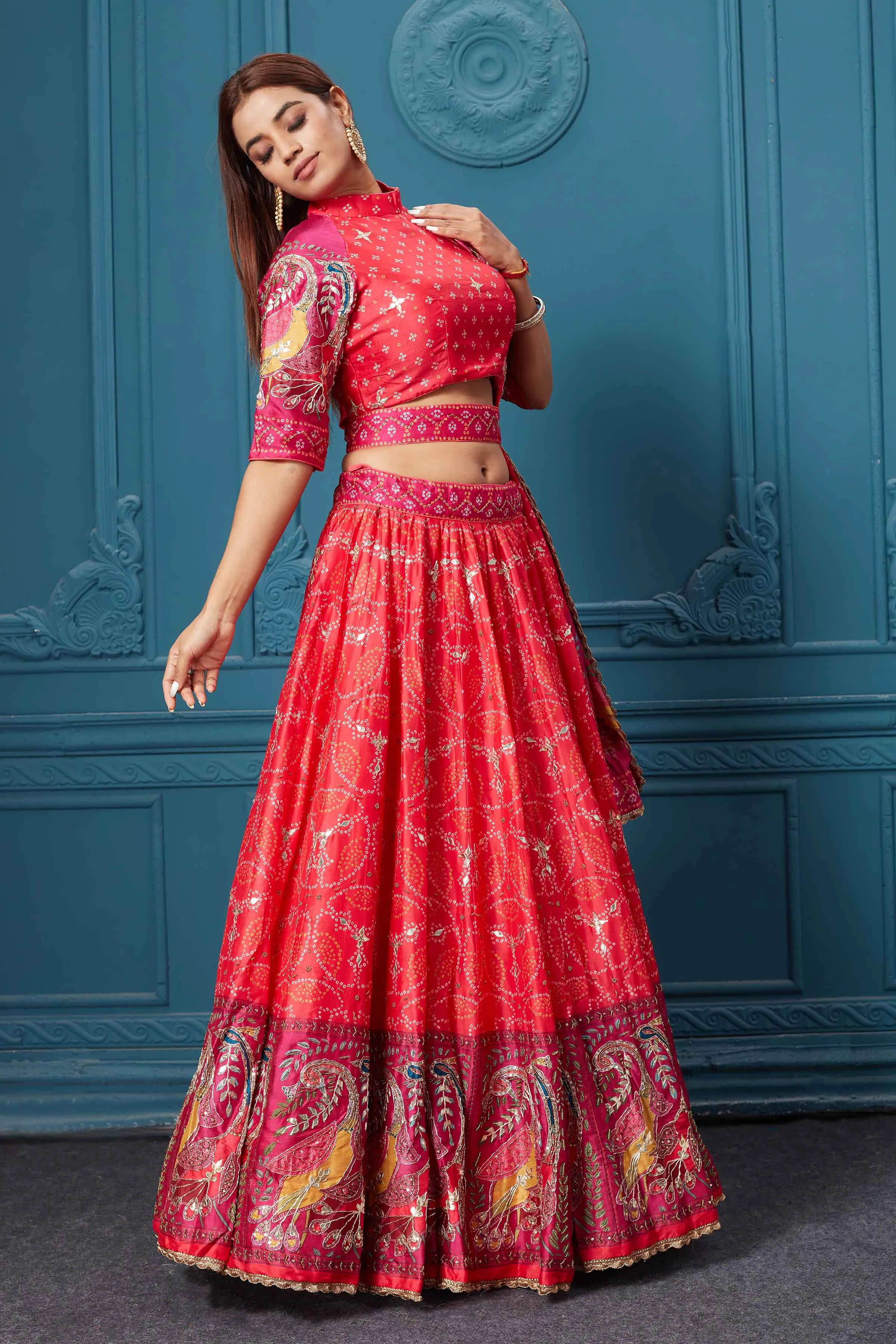 310029 Red Bandhej Printed Lehenga with Dupatta