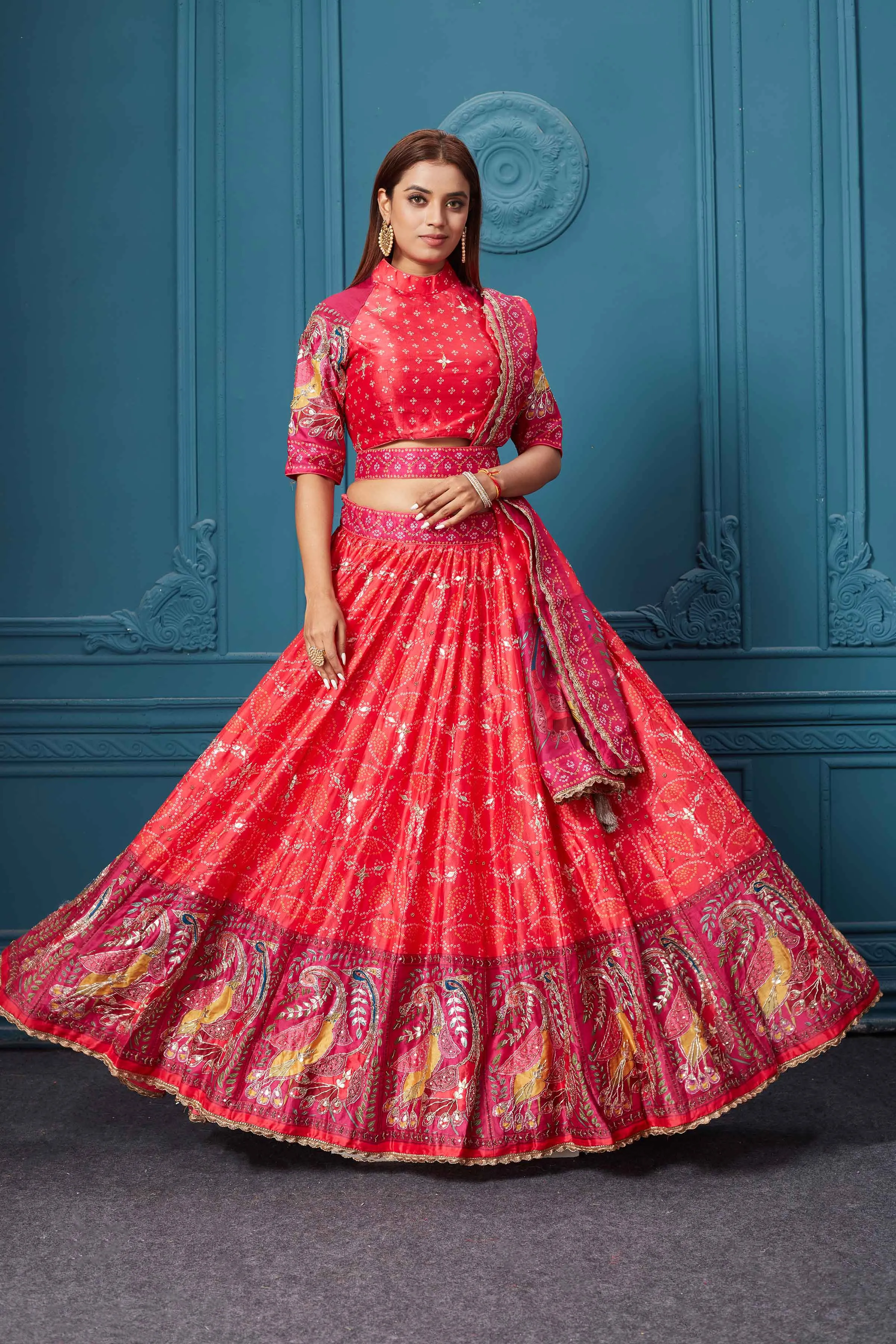 310029 Red Bandhej Printed Lehenga with Dupatta