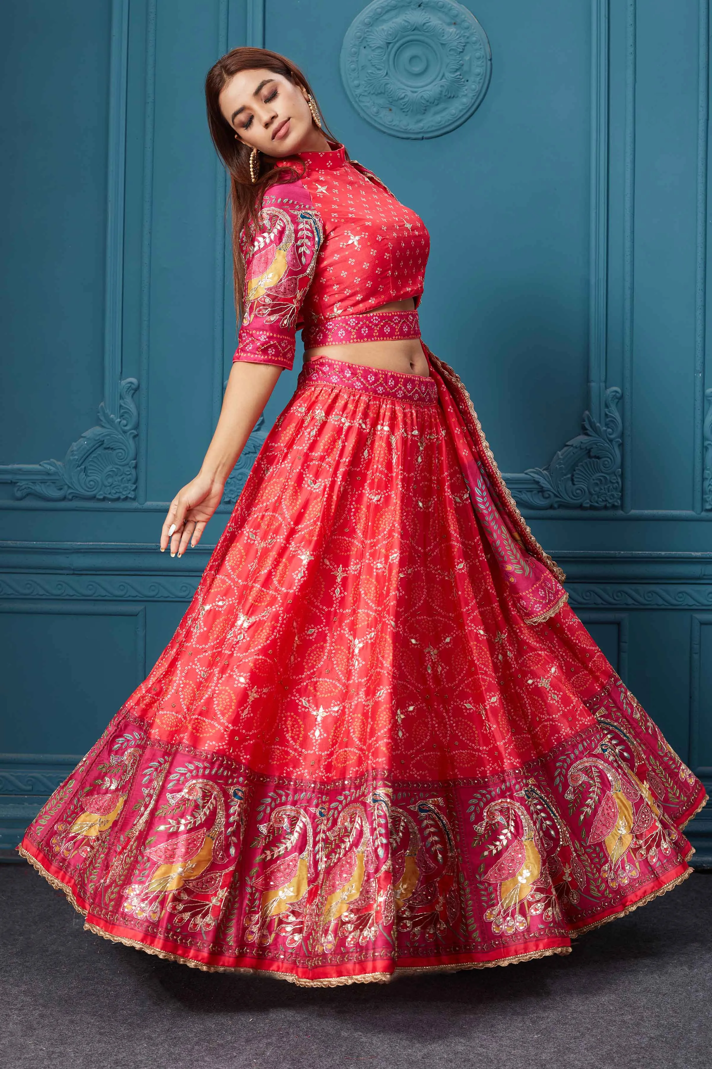 310029 Red Bandhej Printed Lehenga with Dupatta