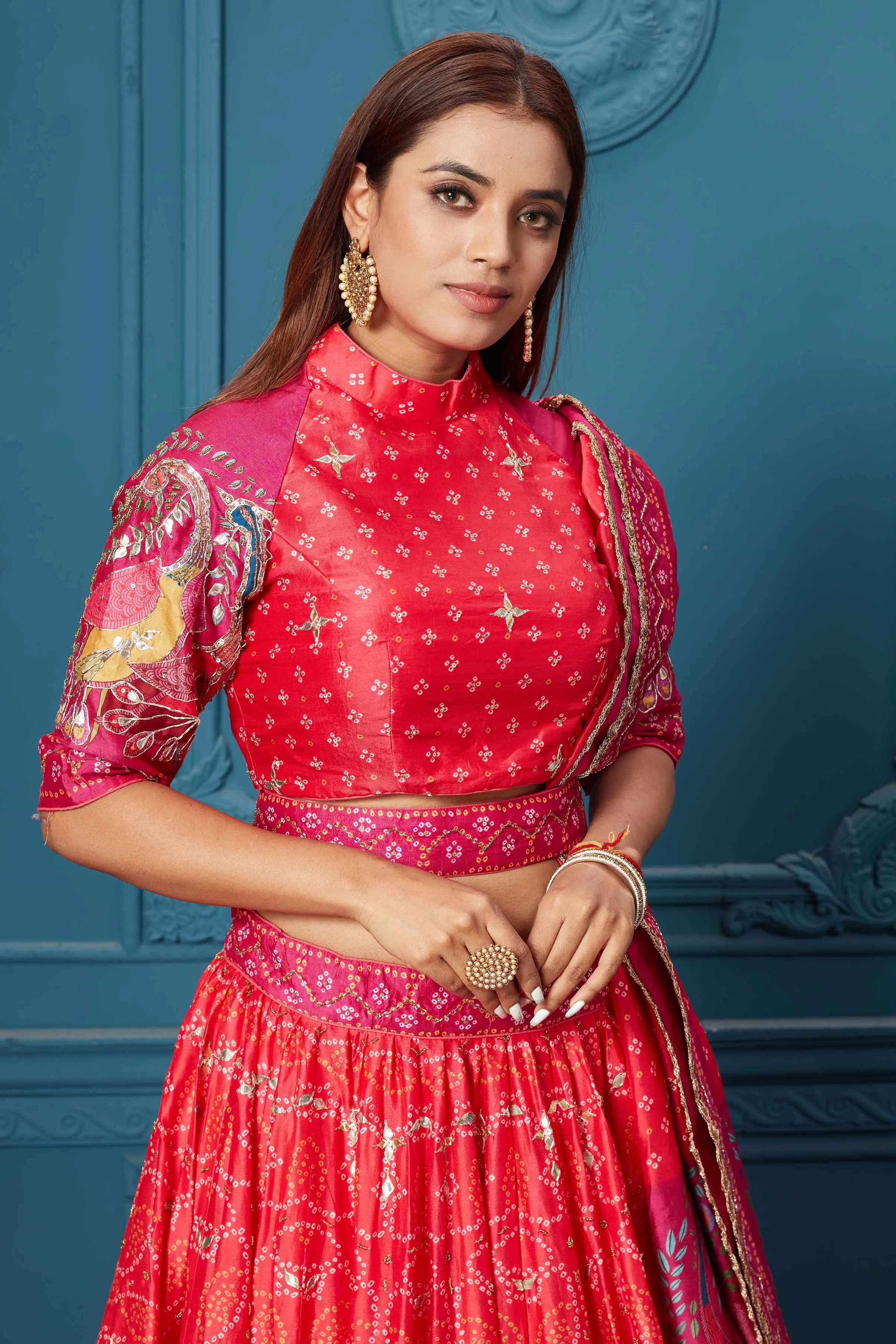 310029 Red Bandhej Printed Lehenga with Dupatta