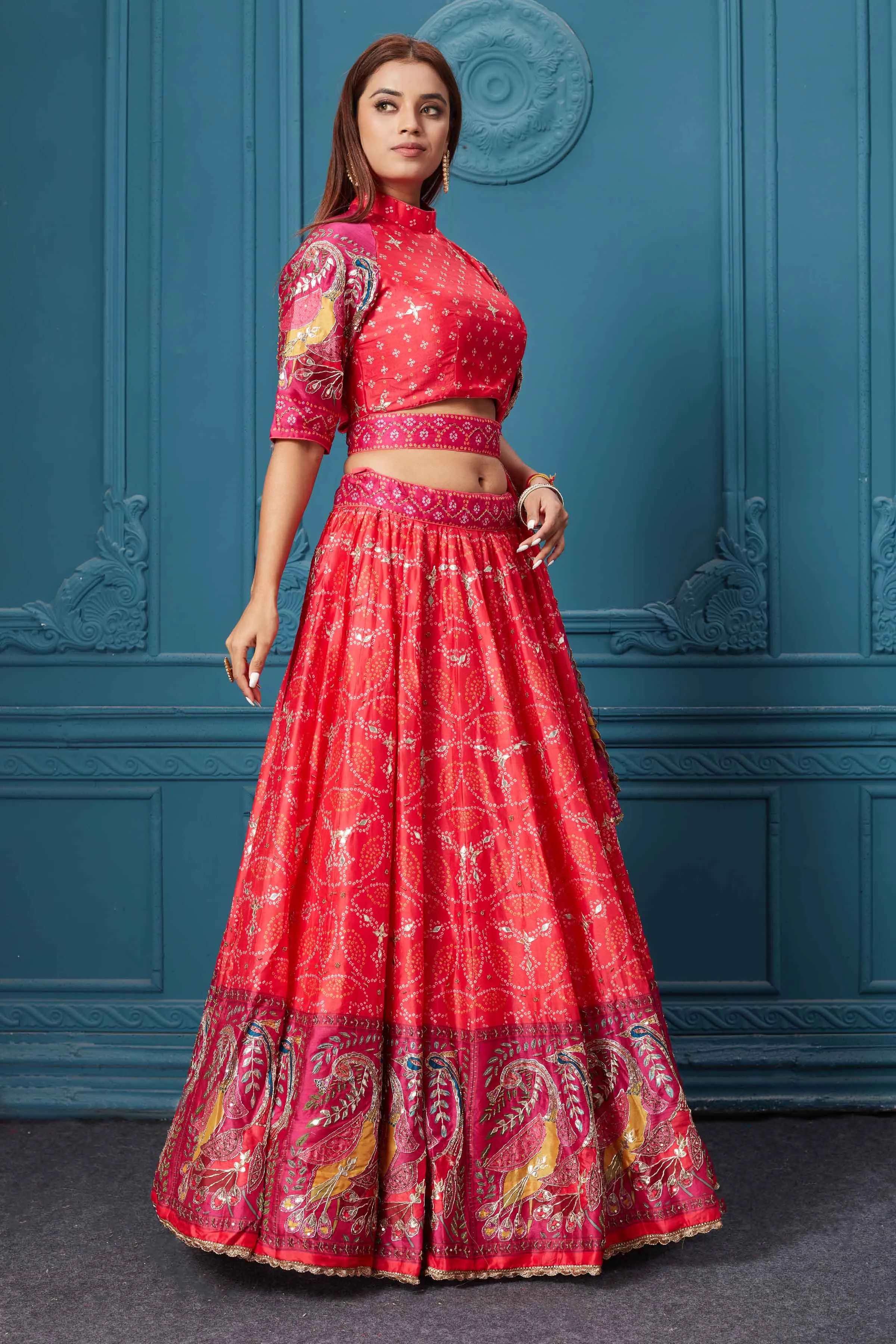 310029 Red Bandhej Printed Lehenga with Dupatta