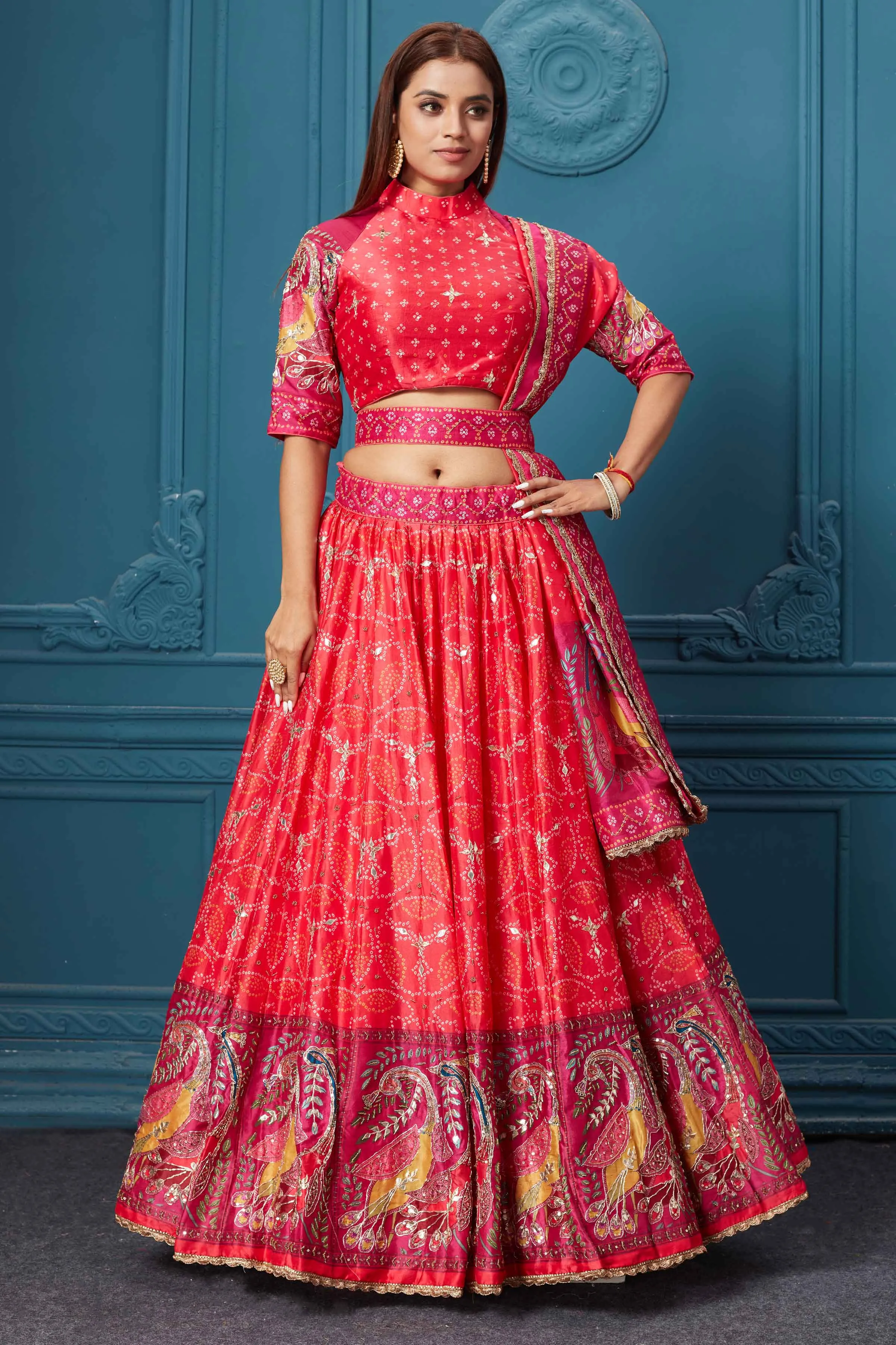 310029 Red Bandhej Printed Lehenga with Dupatta