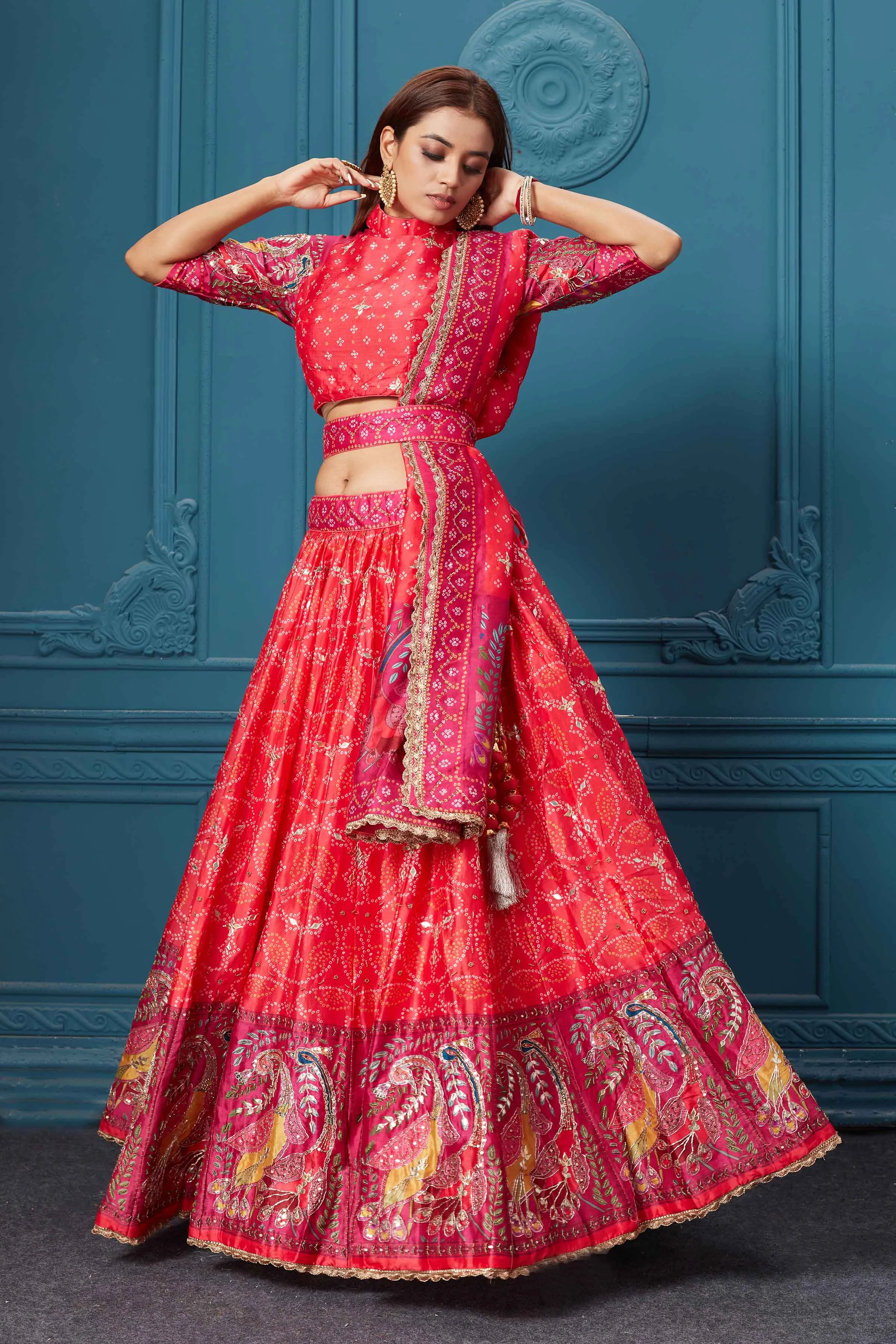 310029 Red Bandhej Printed Lehenga with Dupatta