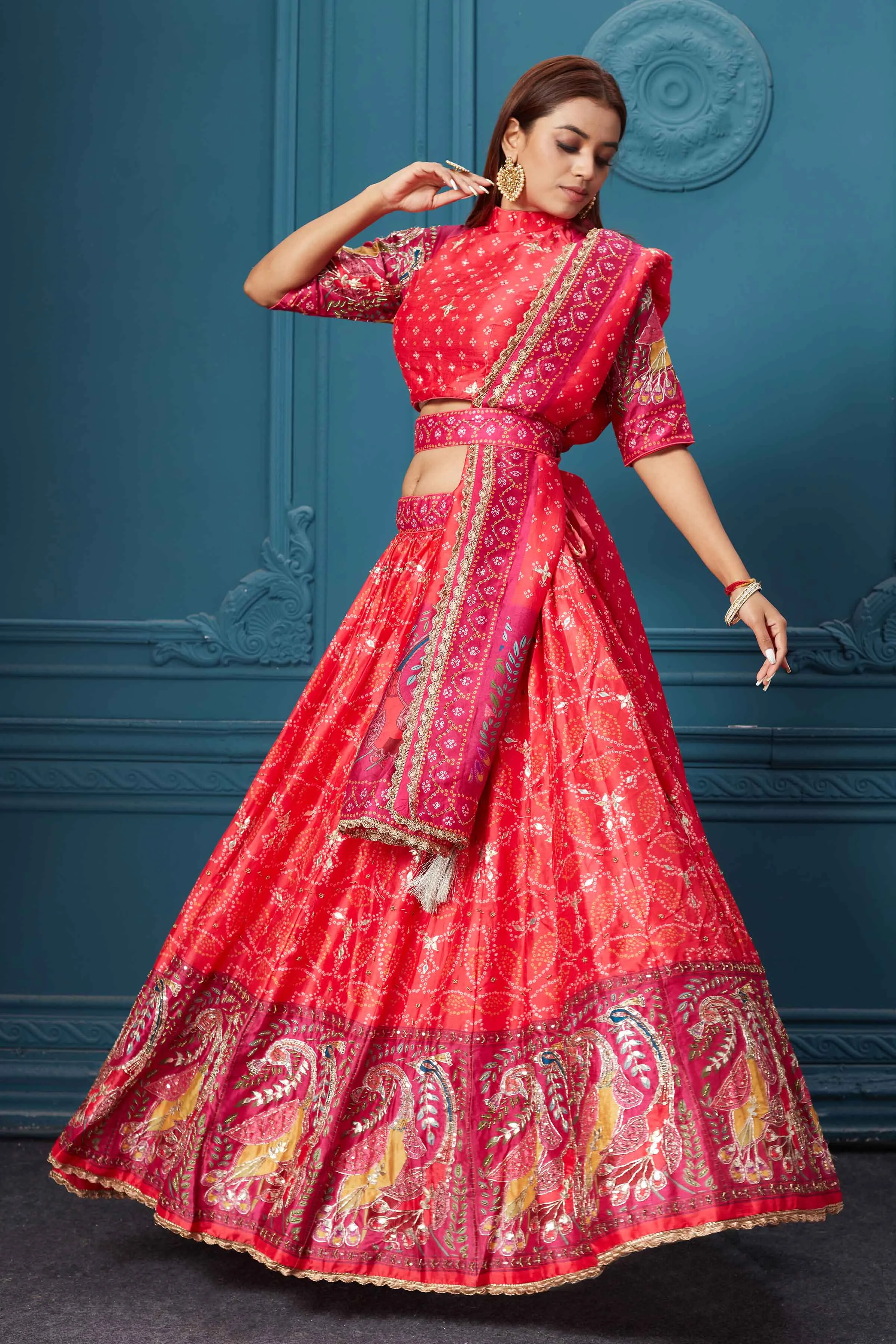 310029 Red Bandhej Printed Lehenga with Dupatta