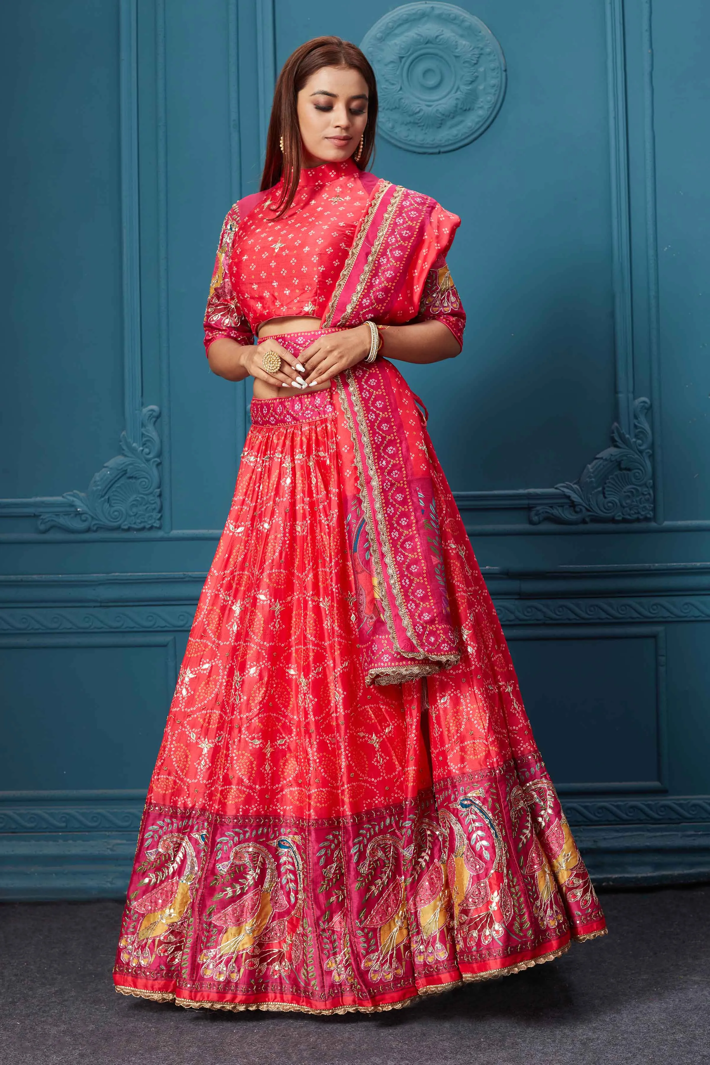 310029 Red Bandhej Printed Lehenga with Dupatta