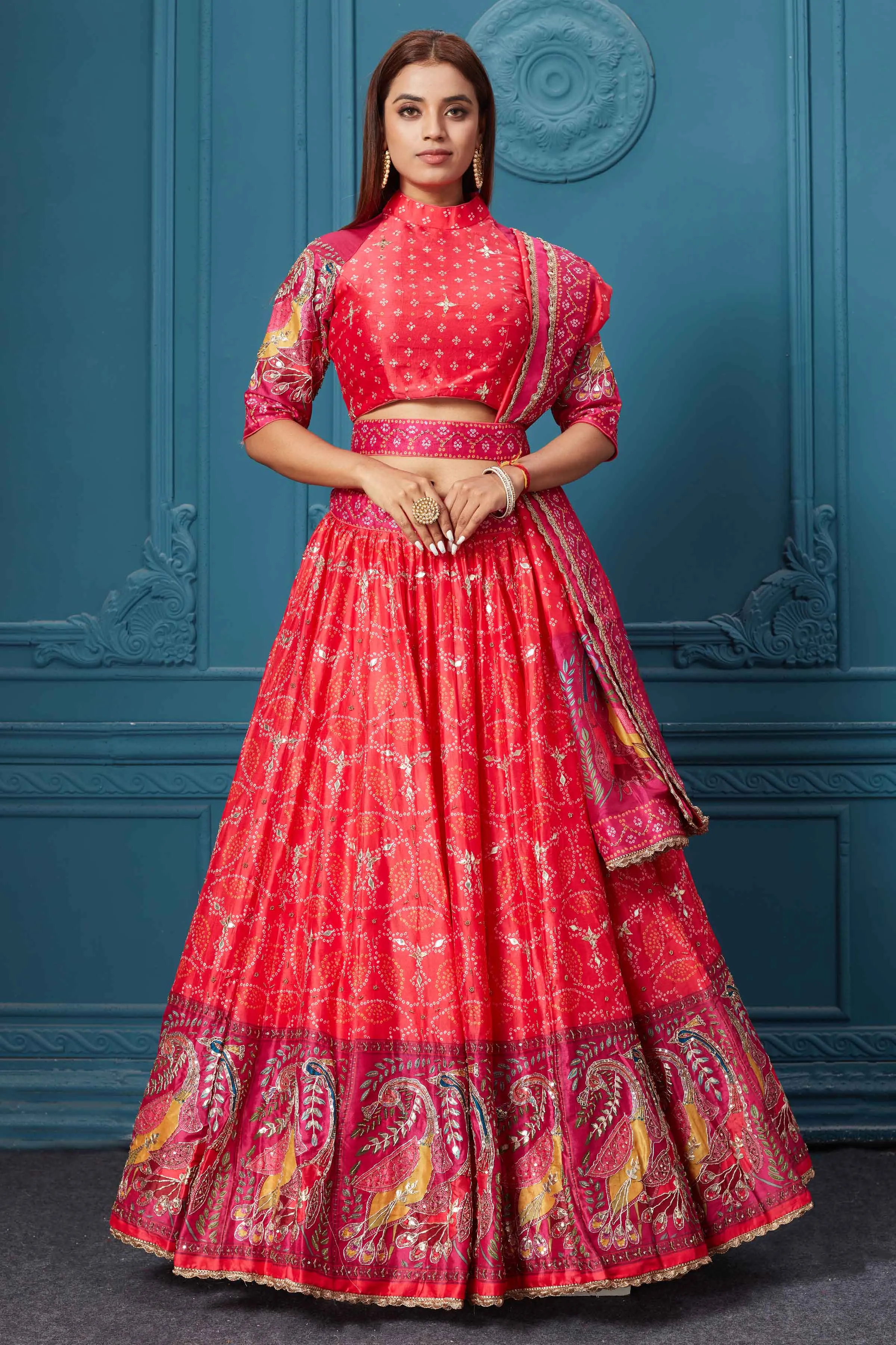 310029 Red Bandhej Printed Lehenga with Dupatta