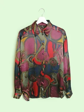 80's Silky Retro Pattern Blouse - size M / 38 / GB 12