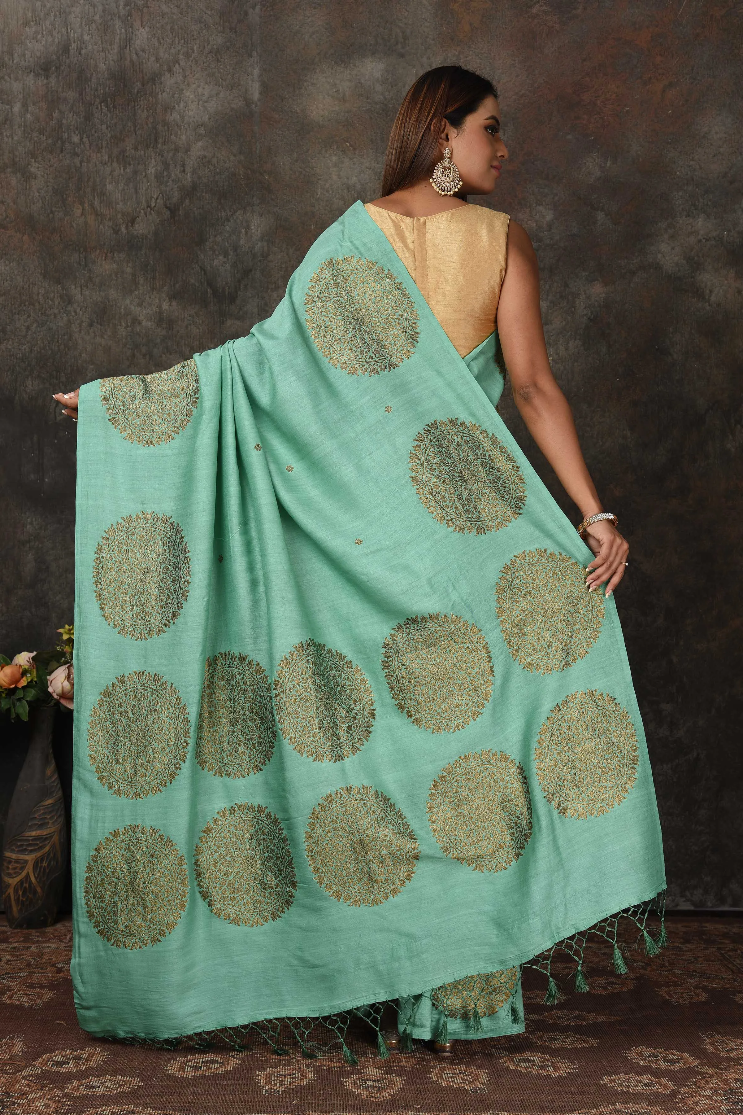 90N479-RO Sea Green Banarasi Sari with Antique Zari Motifs