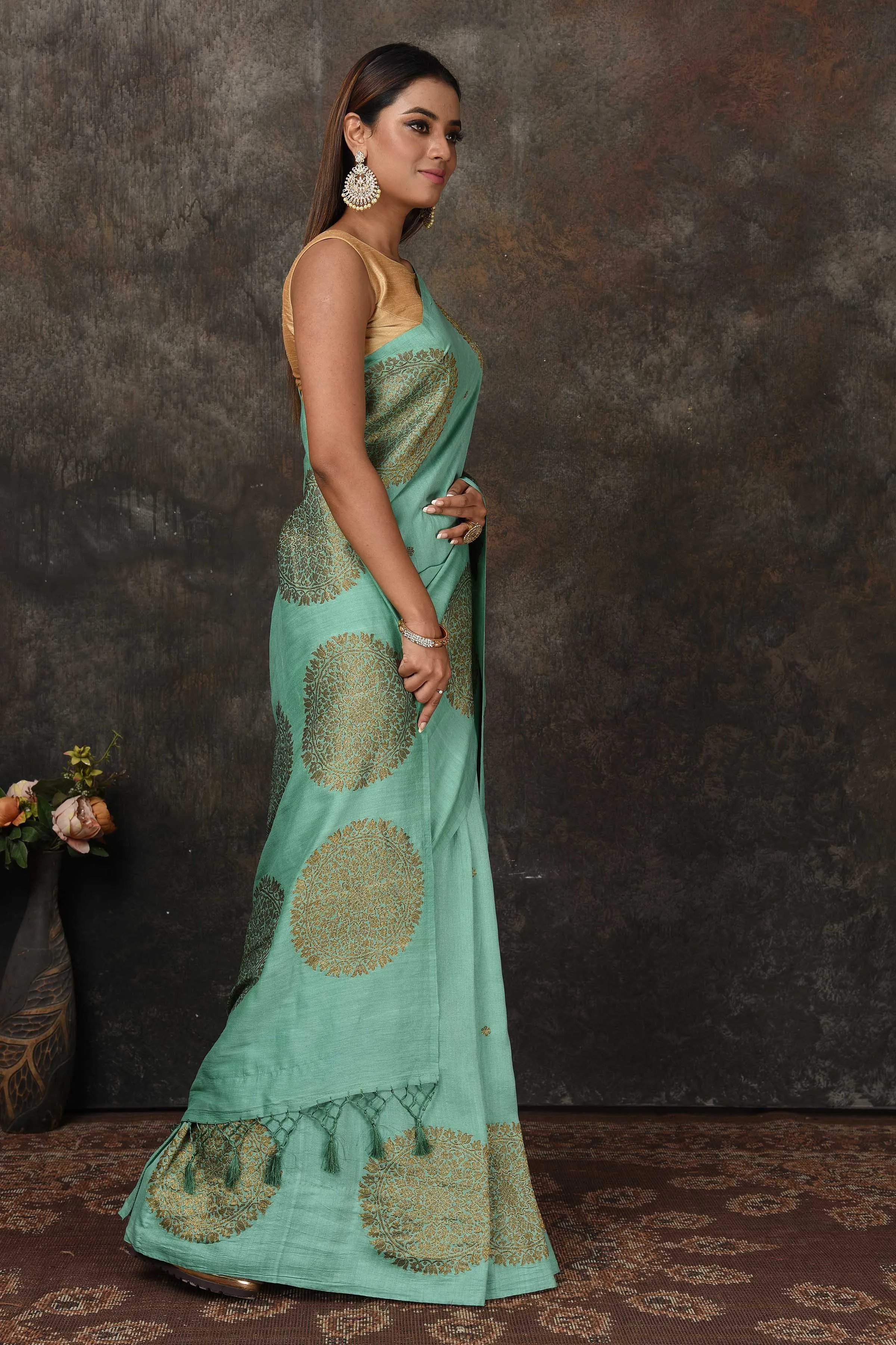 90N479-RO Sea Green Banarasi Sari with Antique Zari Motifs