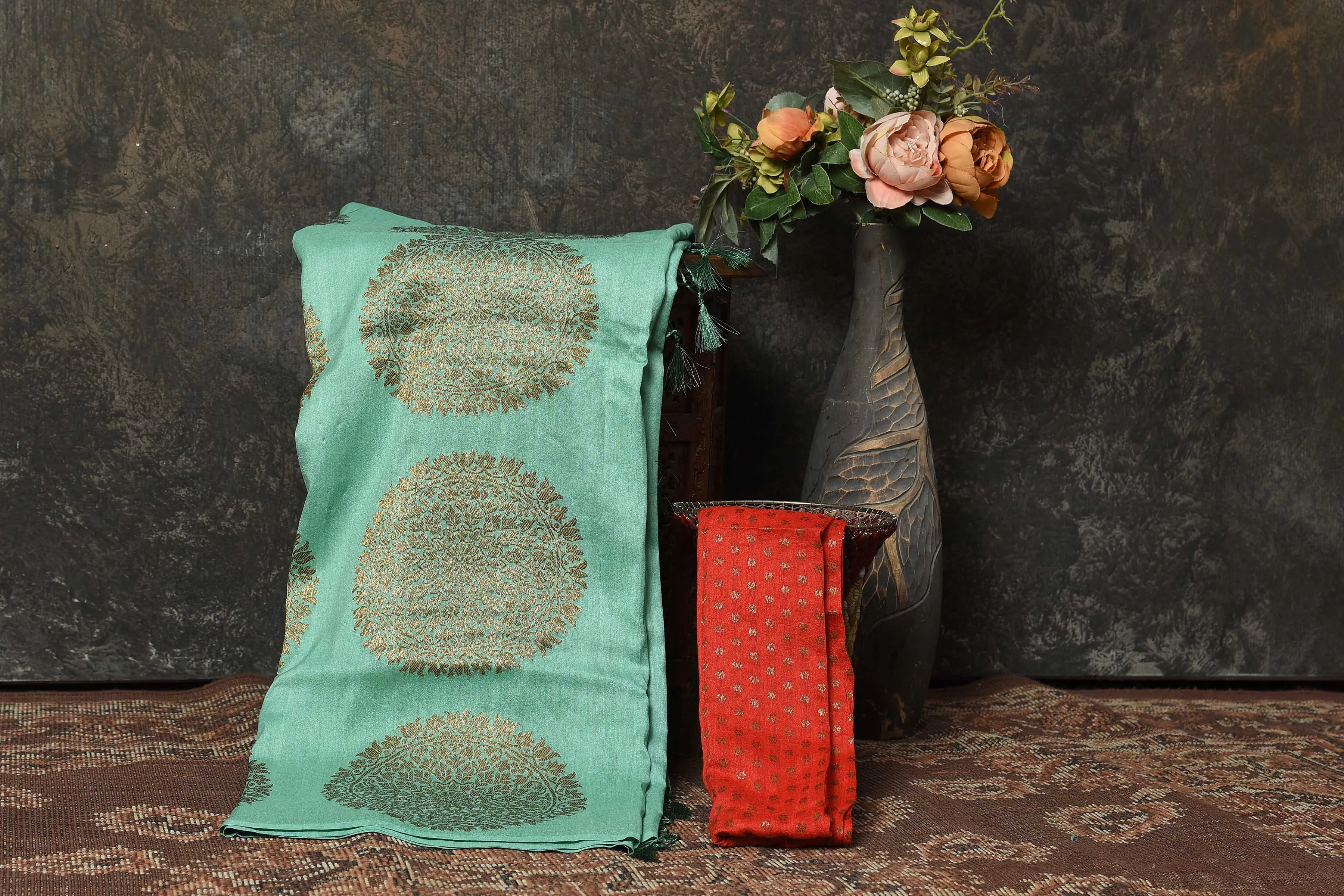 90N479-RO Sea Green Banarasi Sari with Antique Zari Motifs