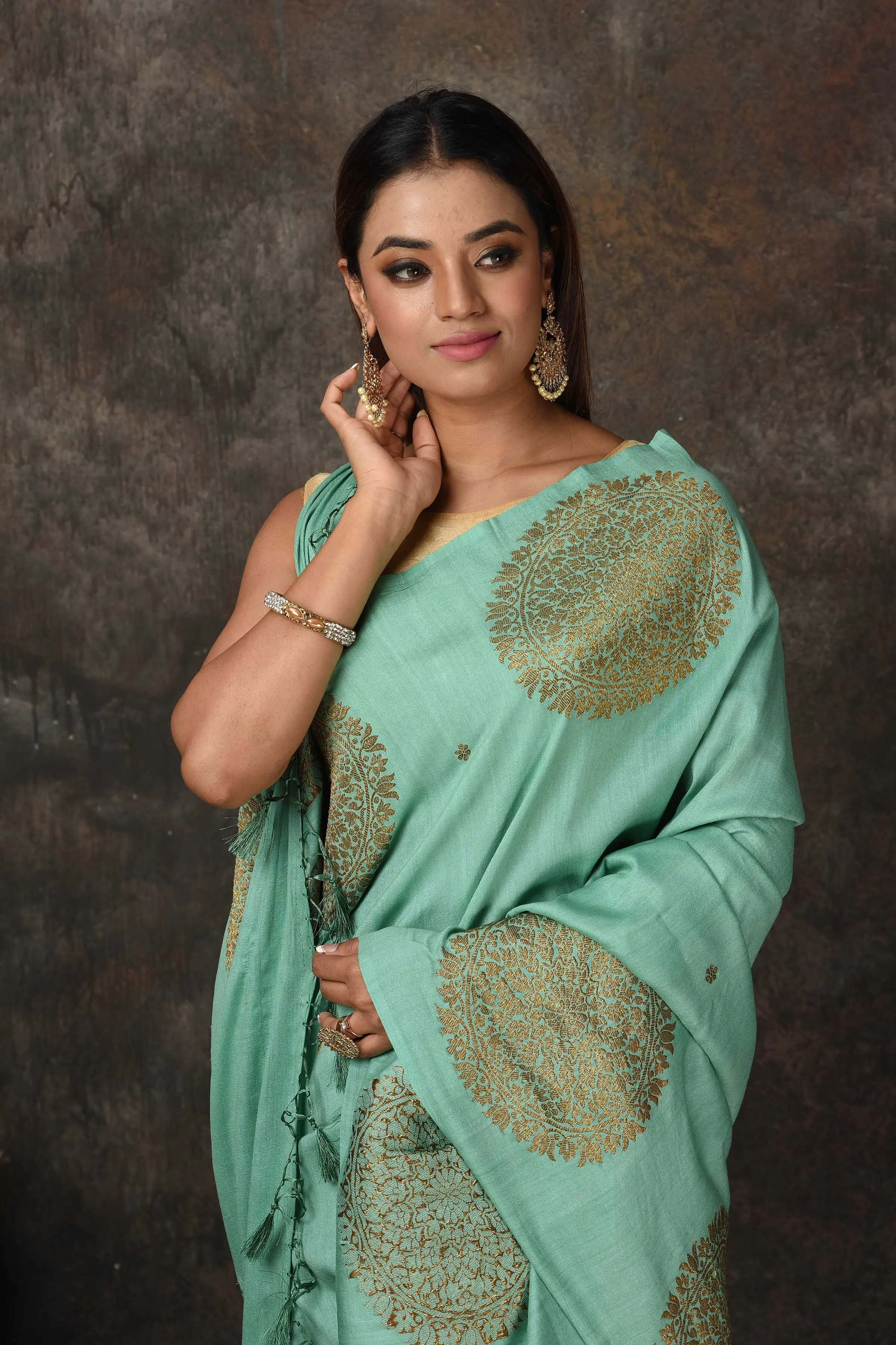 90N479-RO Sea Green Banarasi Sari with Antique Zari Motifs