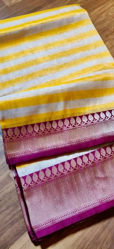 90Z096-RO Yellow and Cream Silk Cotton Banarasi Sari with Zari Border