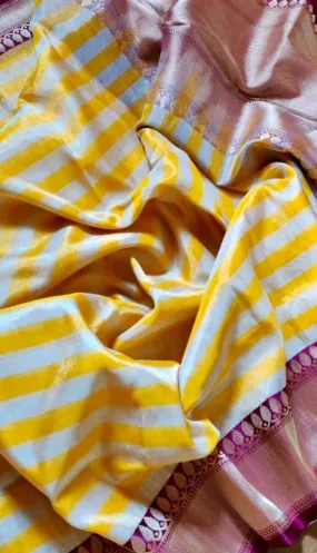 90Z096-RO Yellow and Cream Silk Cotton Banarasi Sari with Zari Border