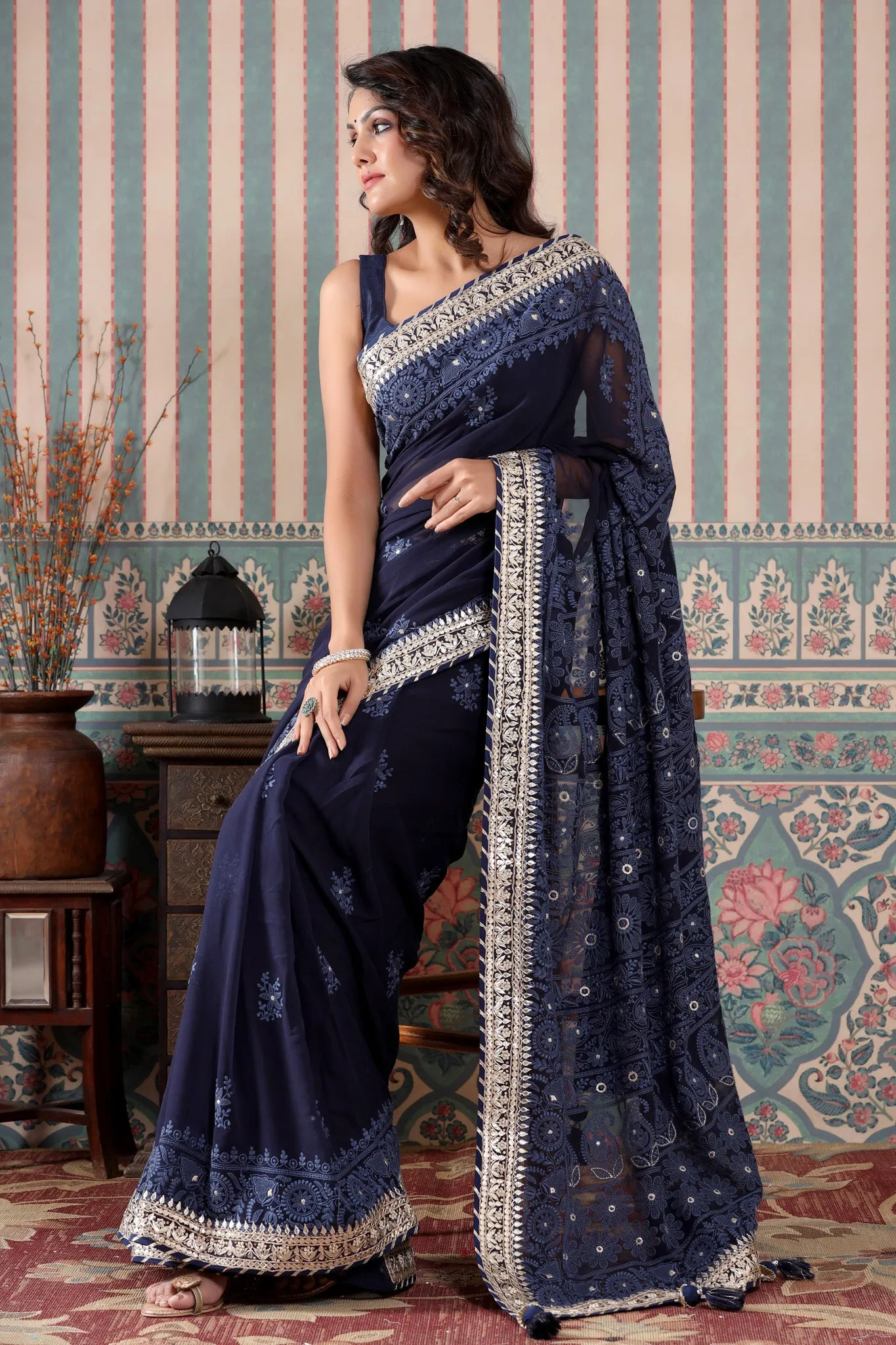 90Z487-NRO Navy Georgette Lucknowi Saree with Gota Work Border