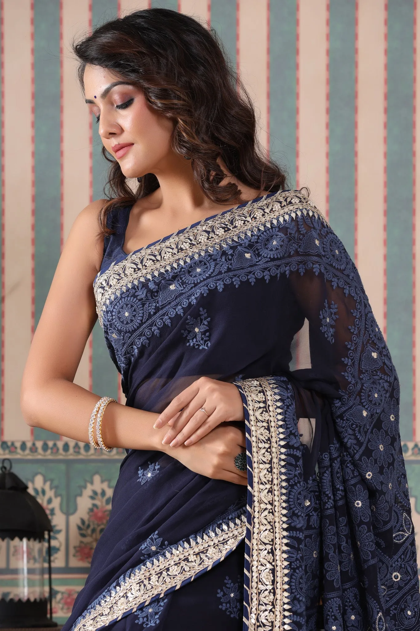 90Z487-NRO Navy Georgette Lucknowi Saree with Gota Work Border