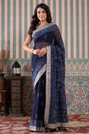 90Z487-NRO Navy Georgette Lucknowi Saree with Gota Work Border