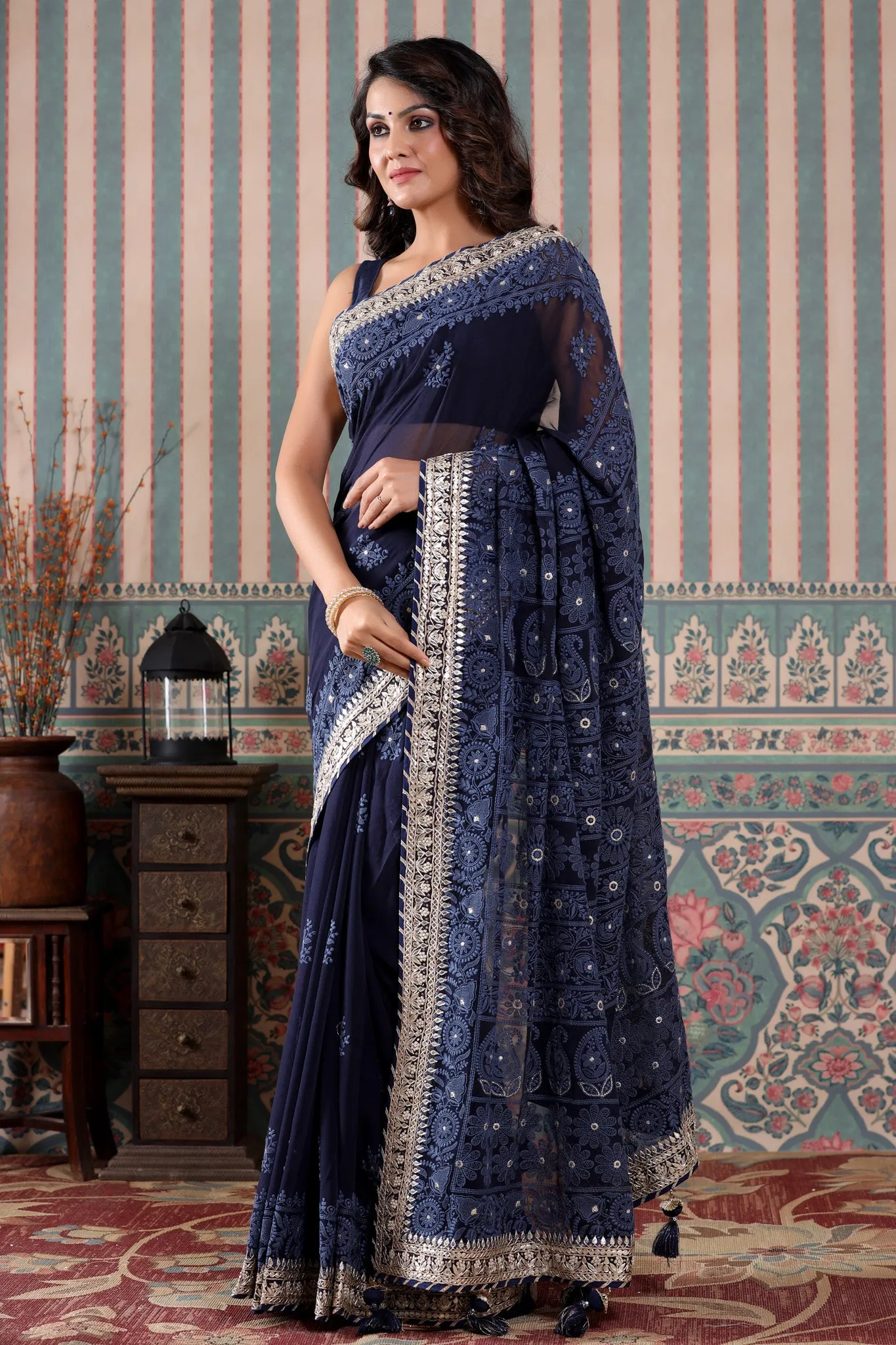 90Z487-NRO Navy Georgette Lucknowi Saree with Gota Work Border