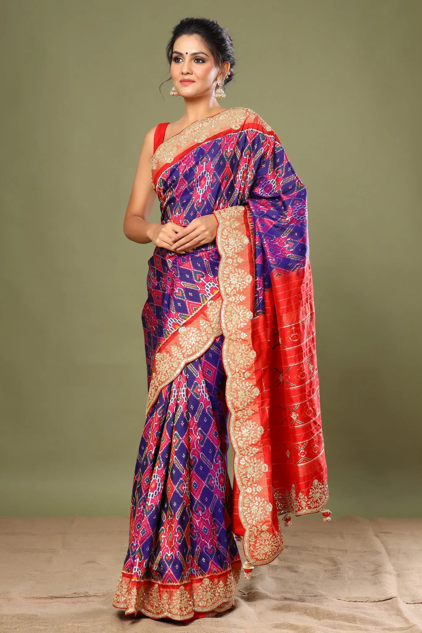 90Z522-RO Purple Patola Silk Sari with Red Scalloped Border