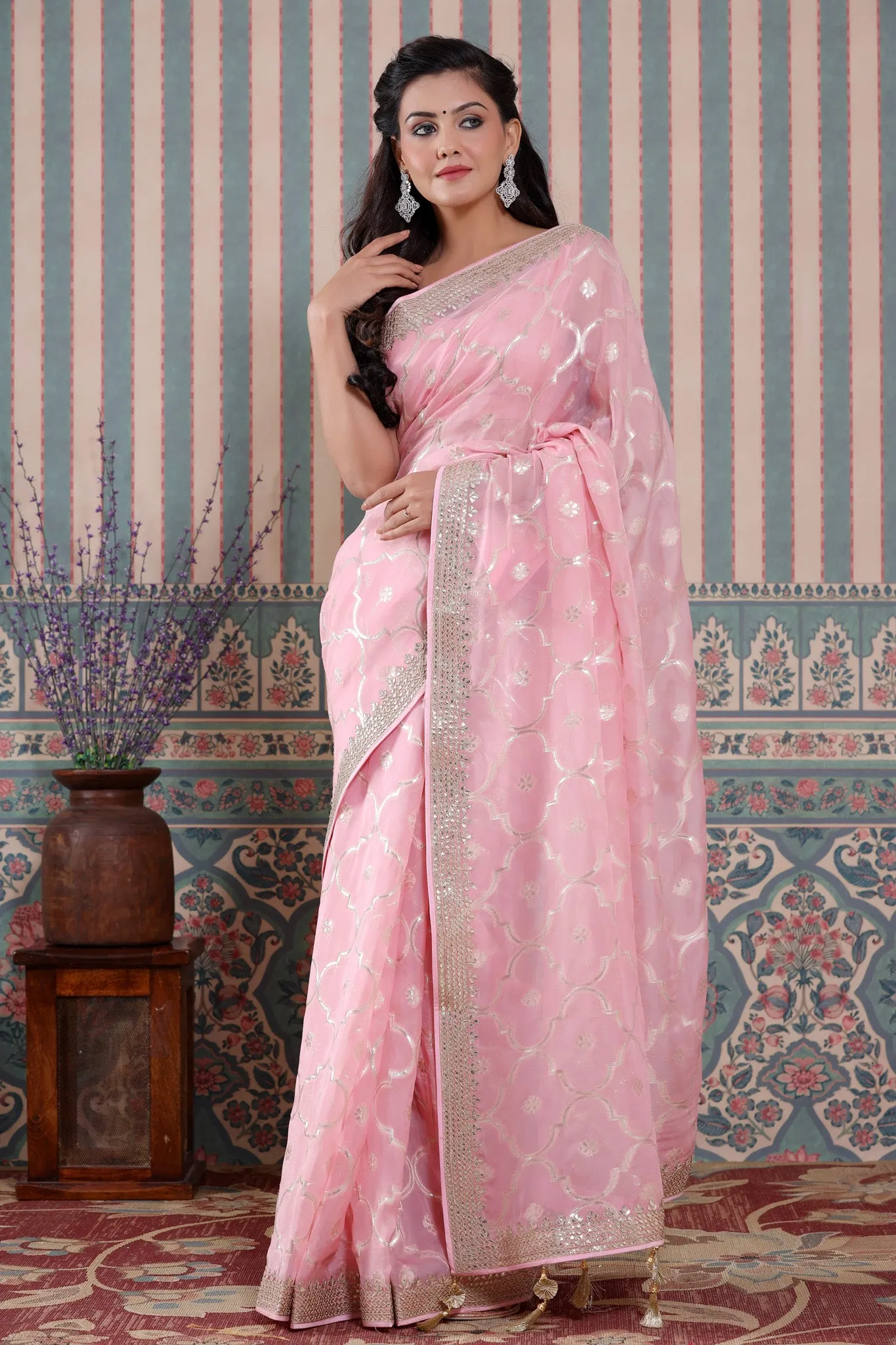 90Z589-NRO Light Pink Organza Silk Saree with Embroidered Border