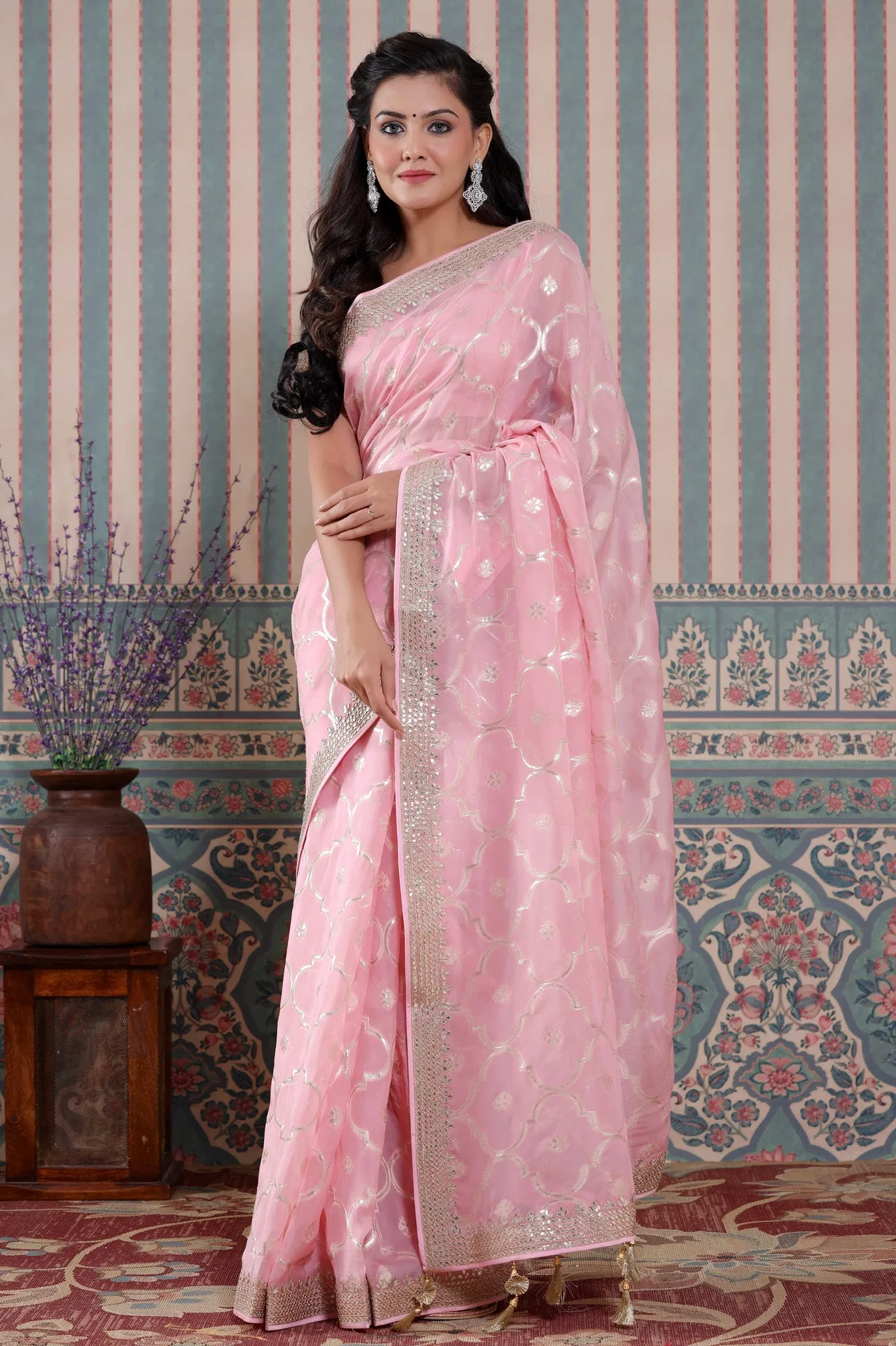 90Z589-NRO Light Pink Organza Silk Saree with Embroidered Border