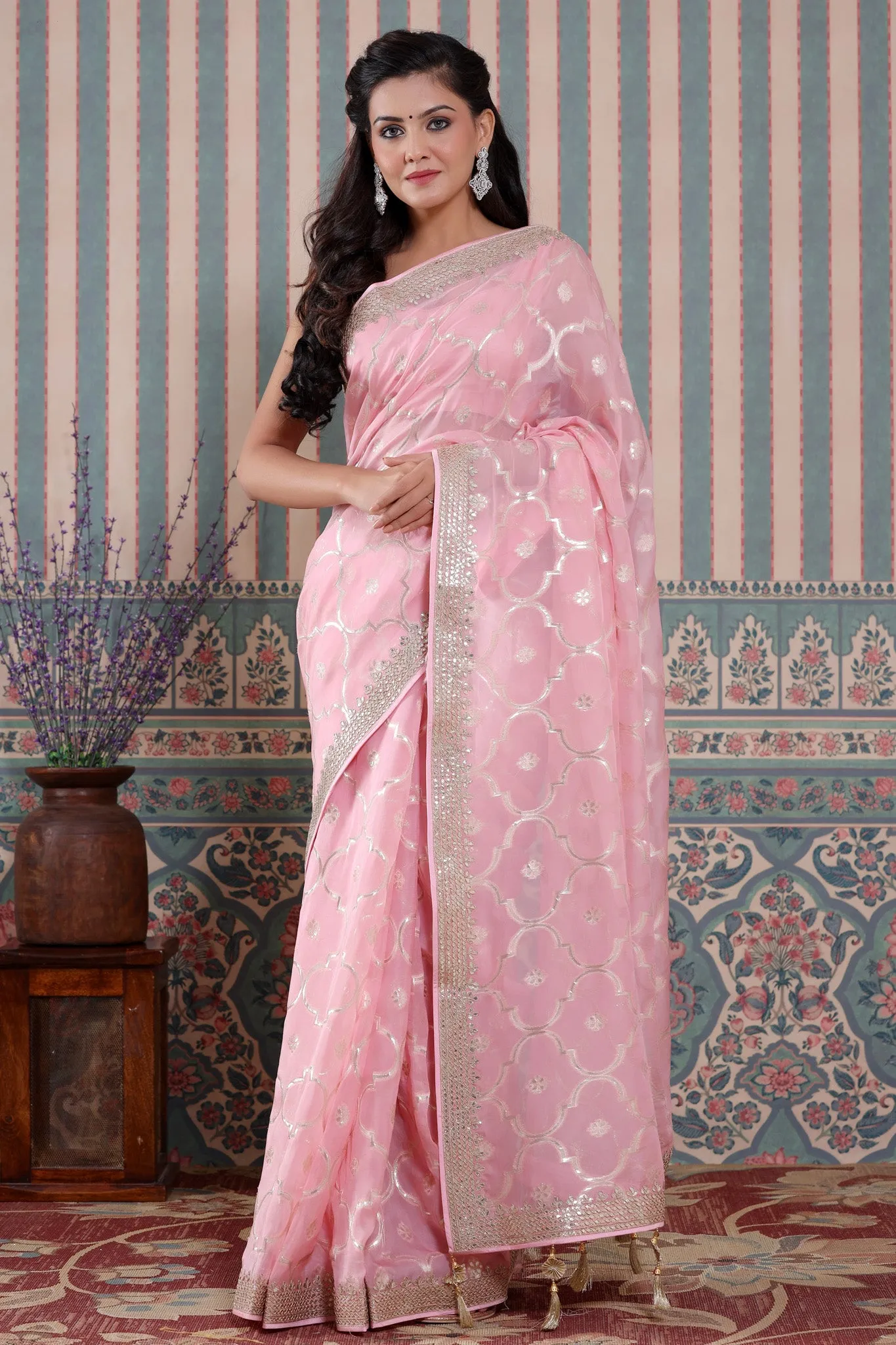 90Z589-NRO Light Pink Organza Silk Saree with Embroidered Border