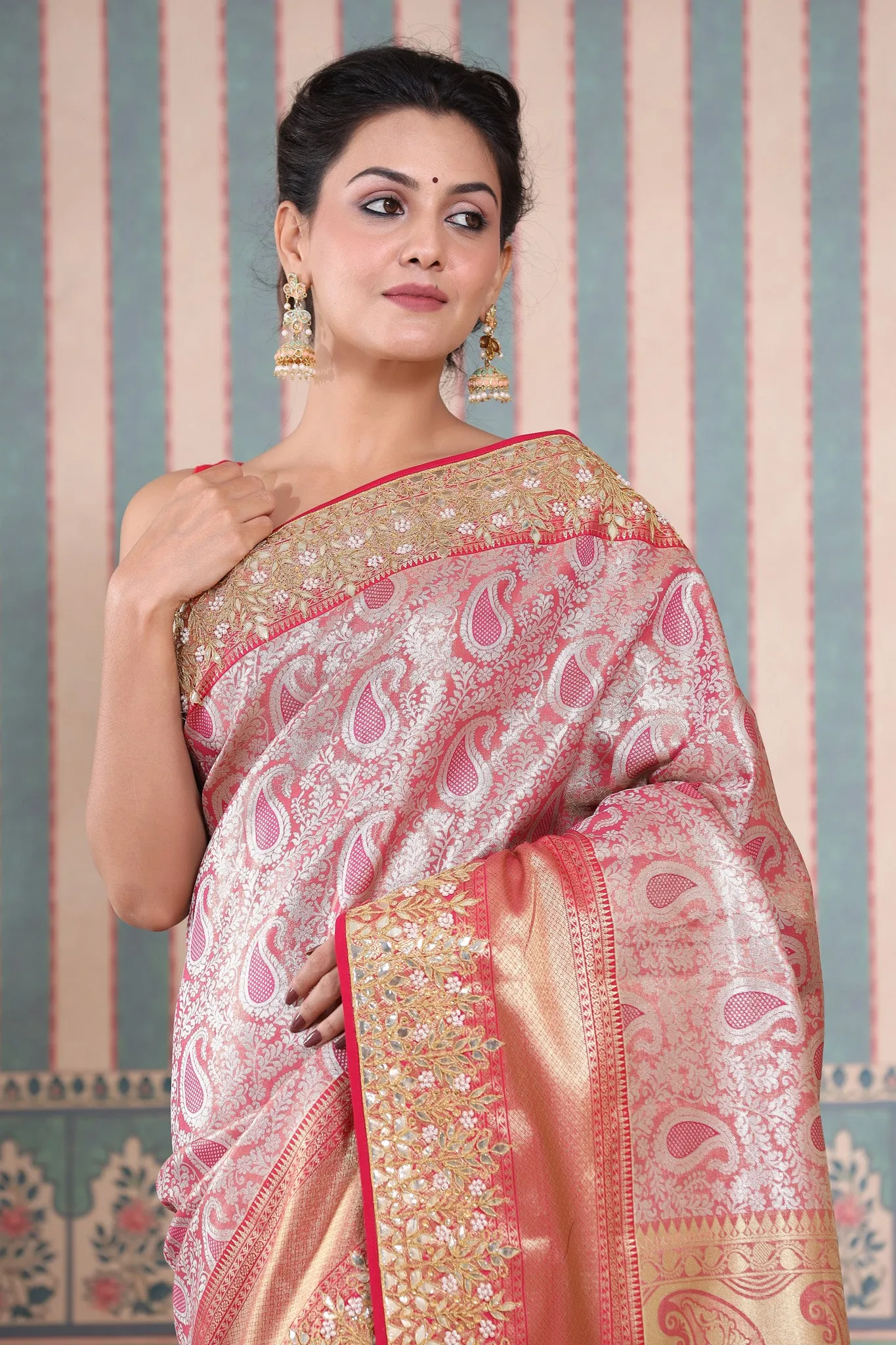 90Z595-RO Pink Banarasi Silk Sari with Gota Work Border