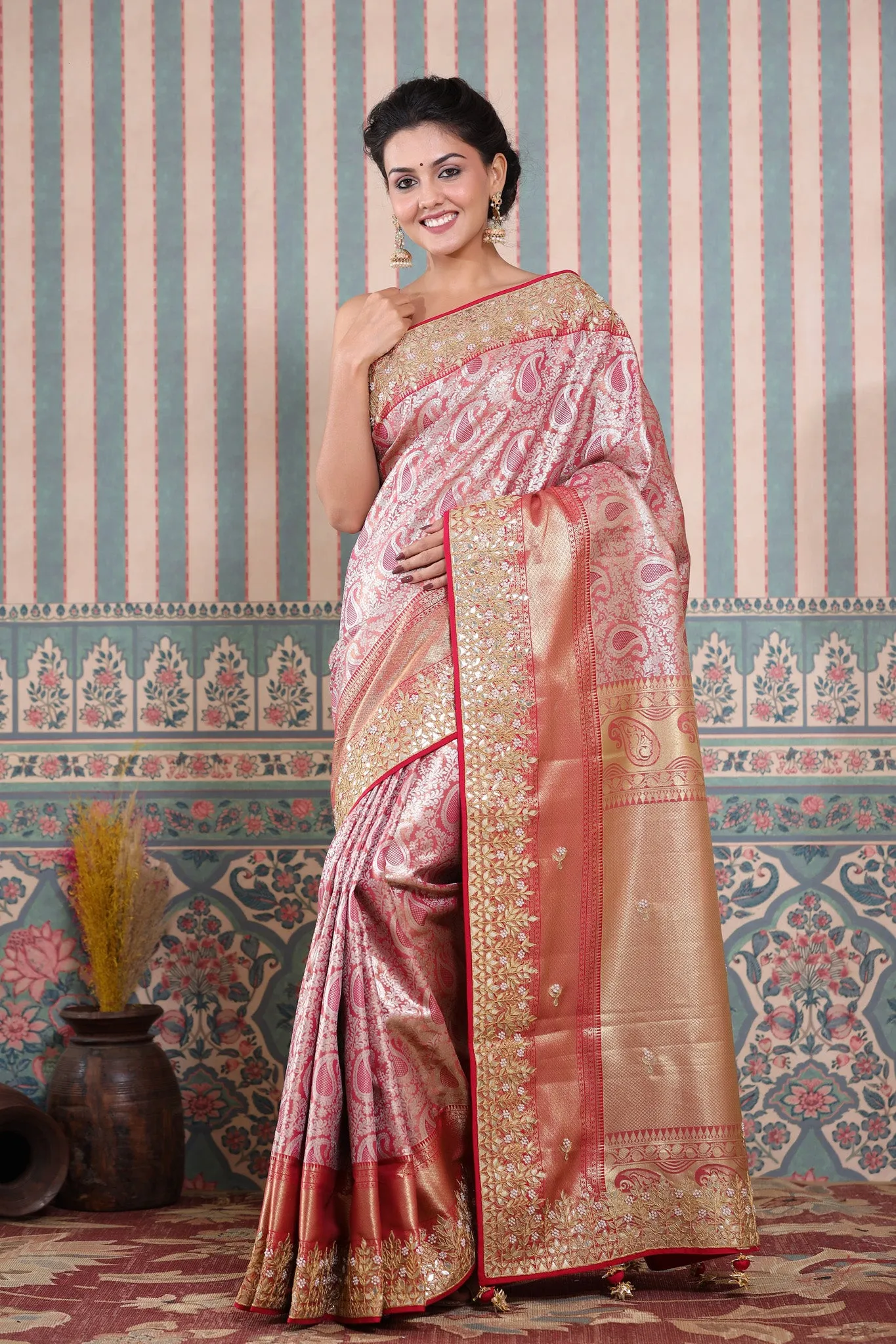 90Z595-RO Pink Banarasi Silk Sari with Gota Work Border