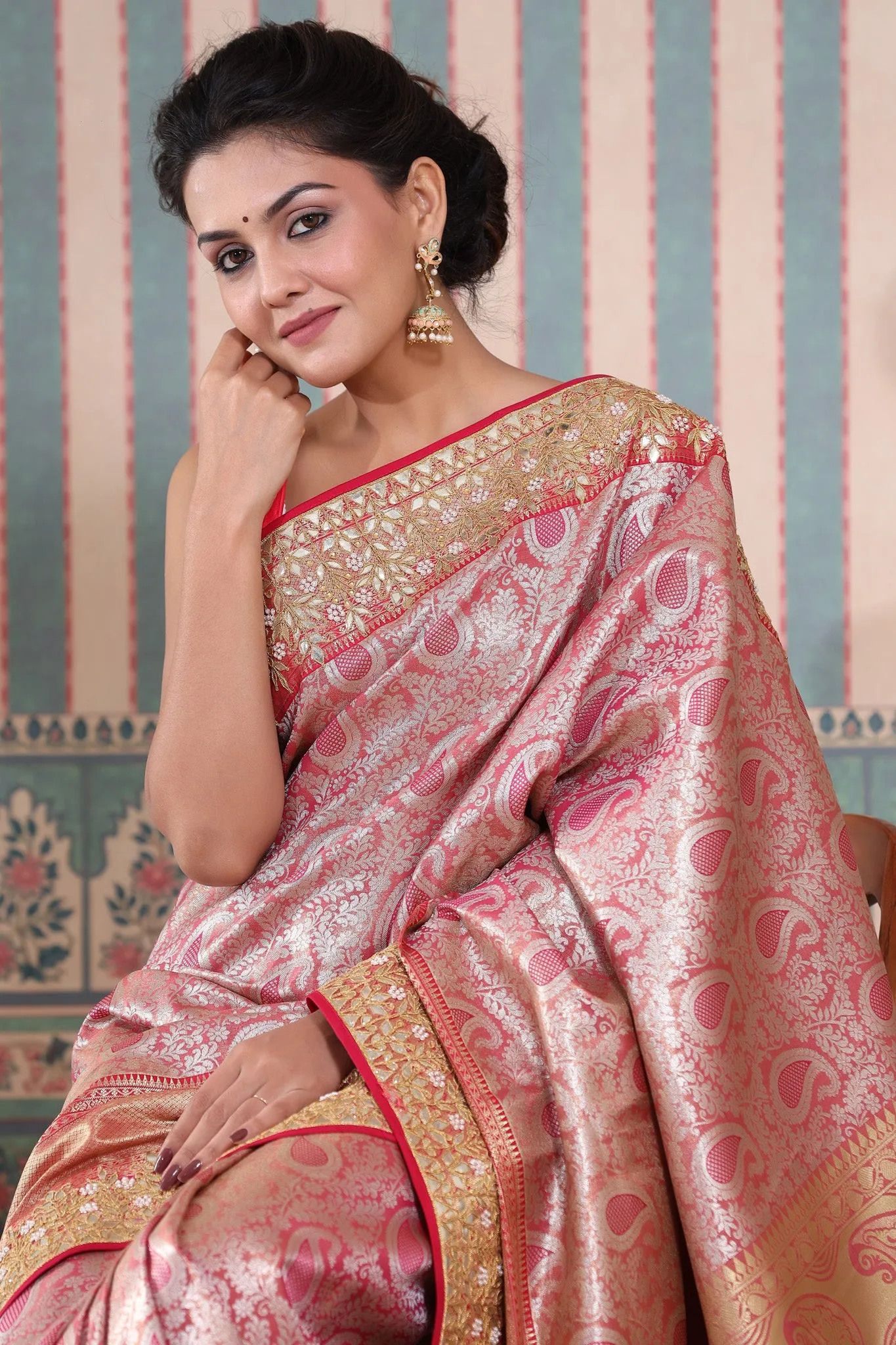 90Z595-RO Pink Banarasi Silk Sari with Gota Work Border