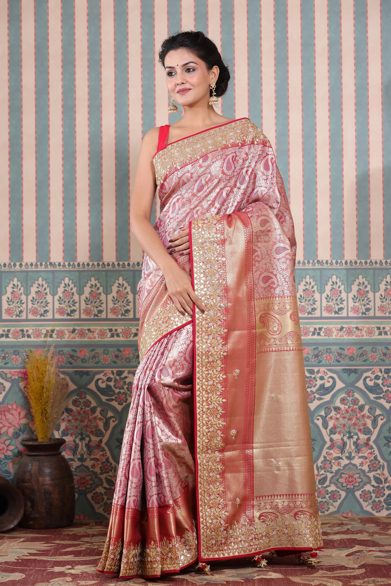 90Z595-RO Pink Banarasi Silk Sari with Gota Work Border