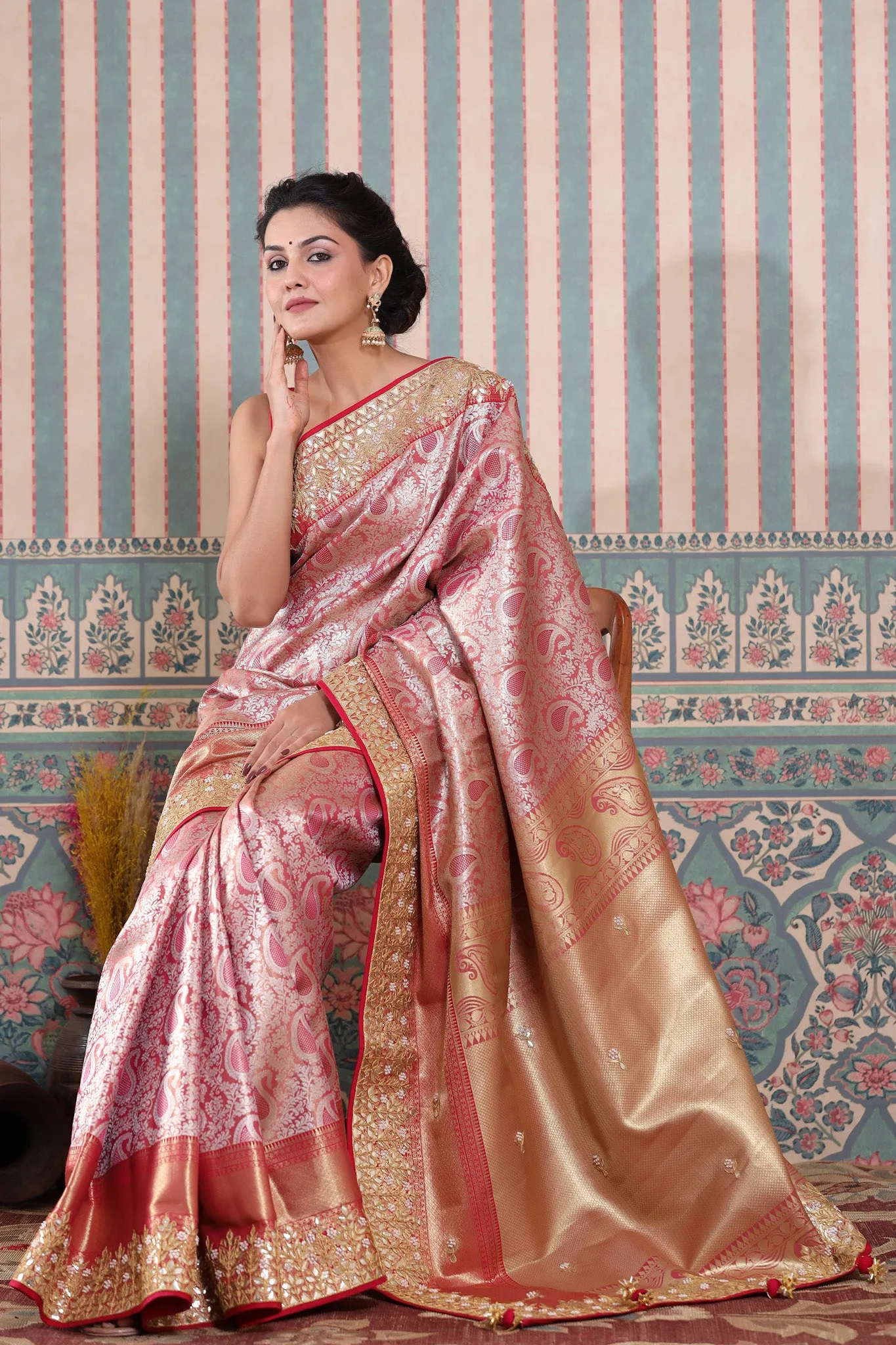 90Z595-RO Pink Banarasi Silk Sari with Gota Work Border