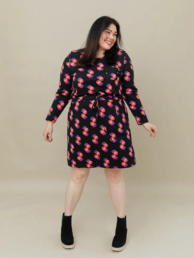 Abby Long Sleeve Plus Size Dress - Memphis Shapes Black