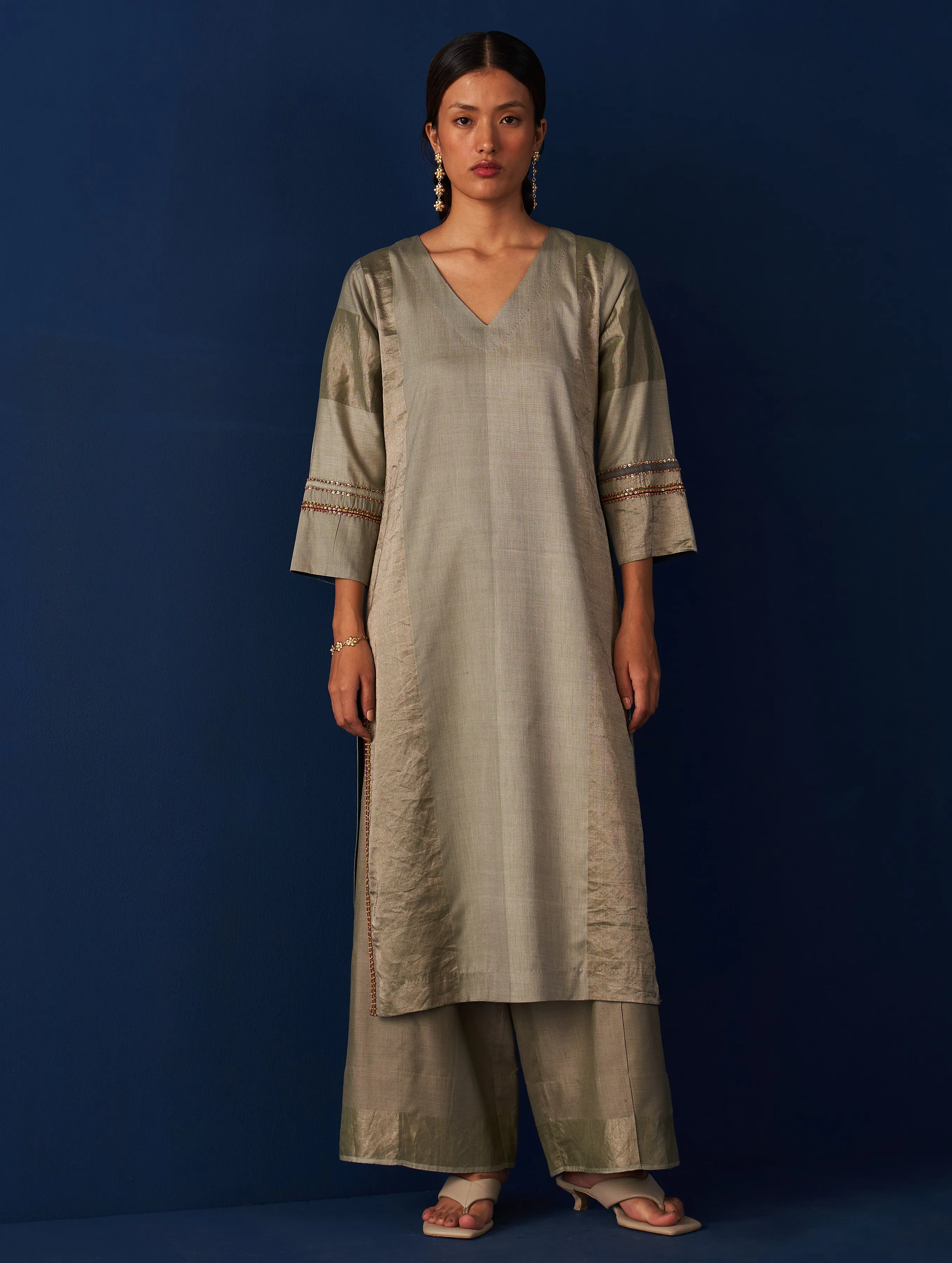 Abroo Stripe Silk Kurta - Sage Grey