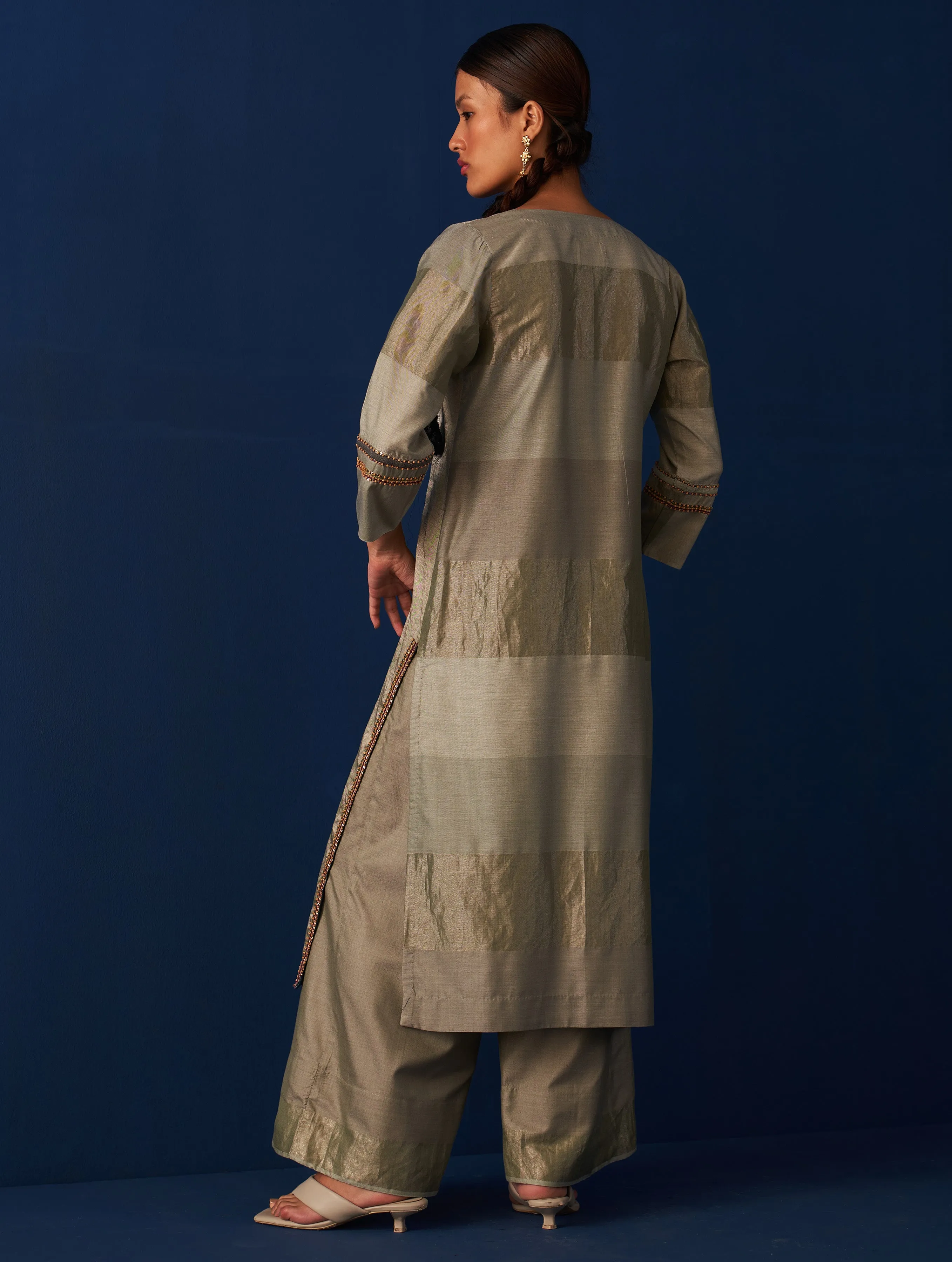 Abroo Stripe Silk Kurta - Sage Grey