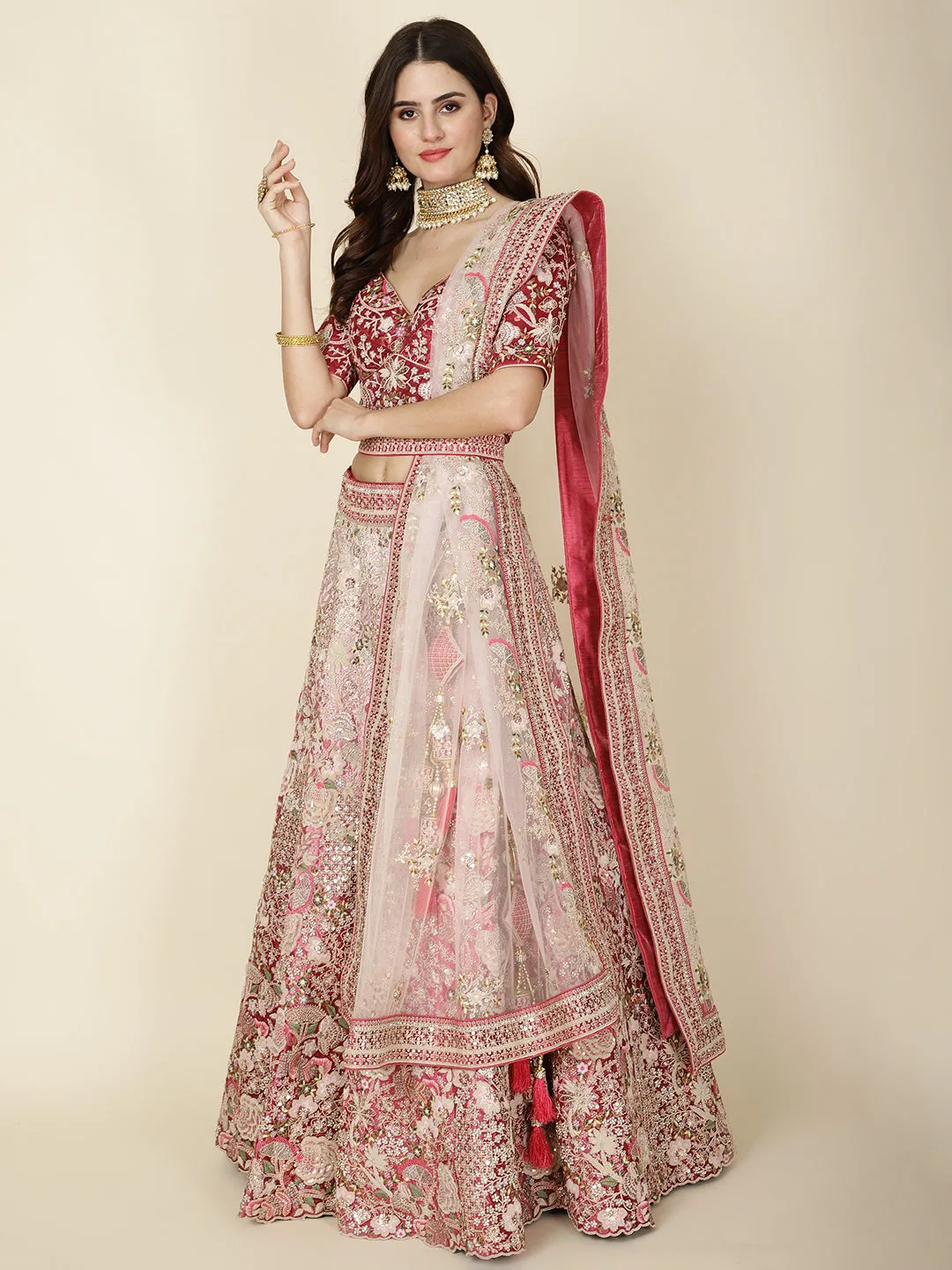 All Over Embroidery Velvet Choli With Lehenga & Dupatta