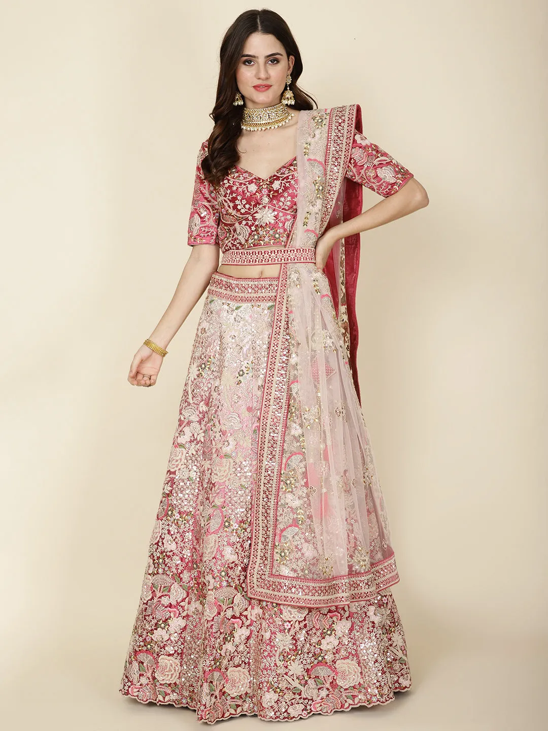 All Over Embroidery Velvet Choli With Lehenga & Dupatta