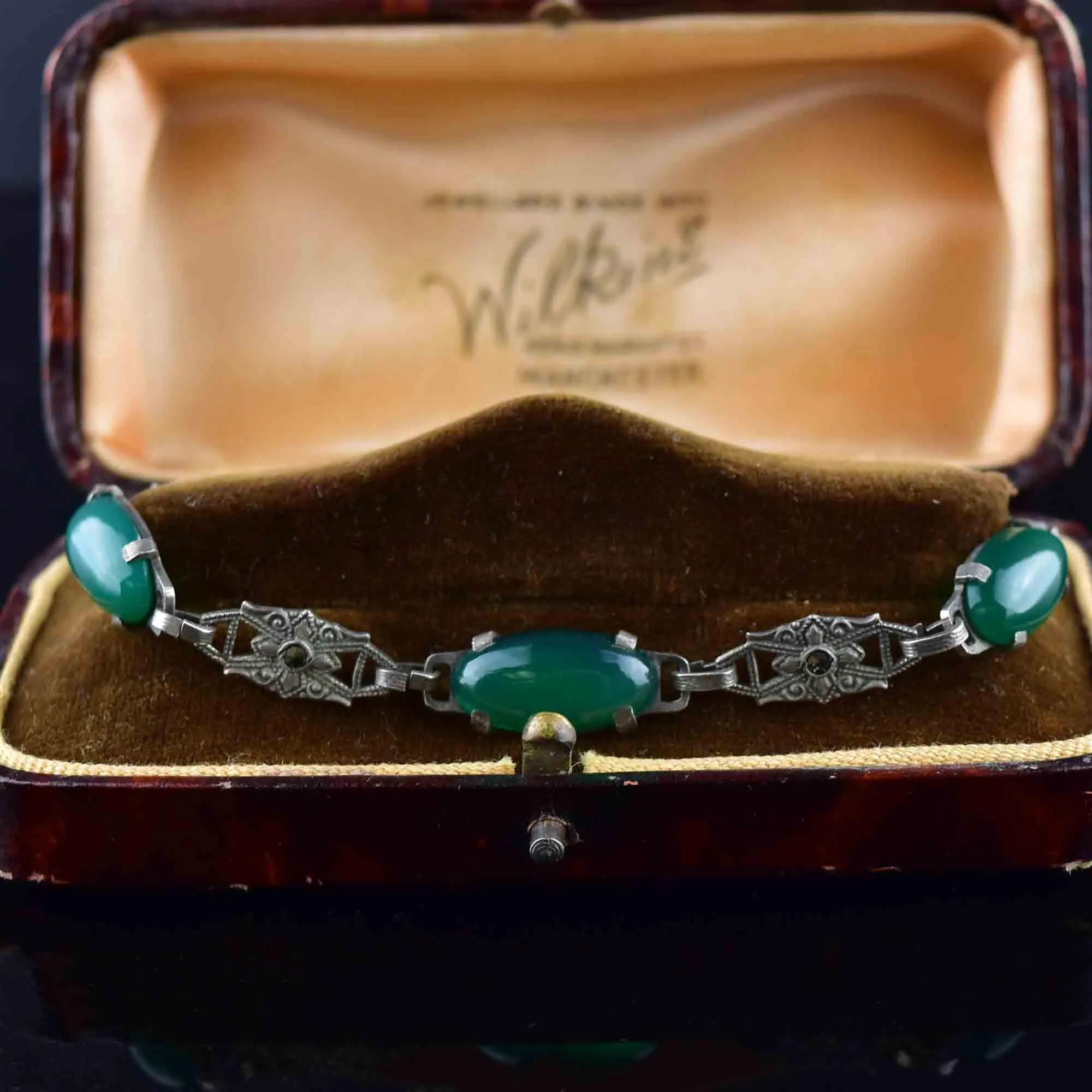 Art Deco Sterling Silver Chrysoprase Marcasite Bracelet